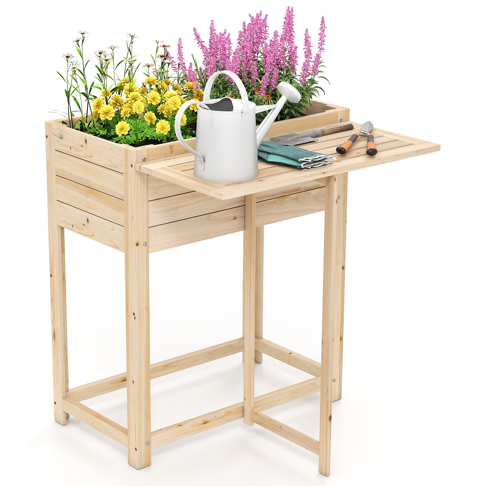 Podwyższona Skrzynka Ogrodowa z Drewna z Otworem do Drenażu, 63 x 67 x 74 cm, Skrzynka Ogrodowa ze Składaną Półką, Nośność 30 kg, do Kwiatów, Warzyw