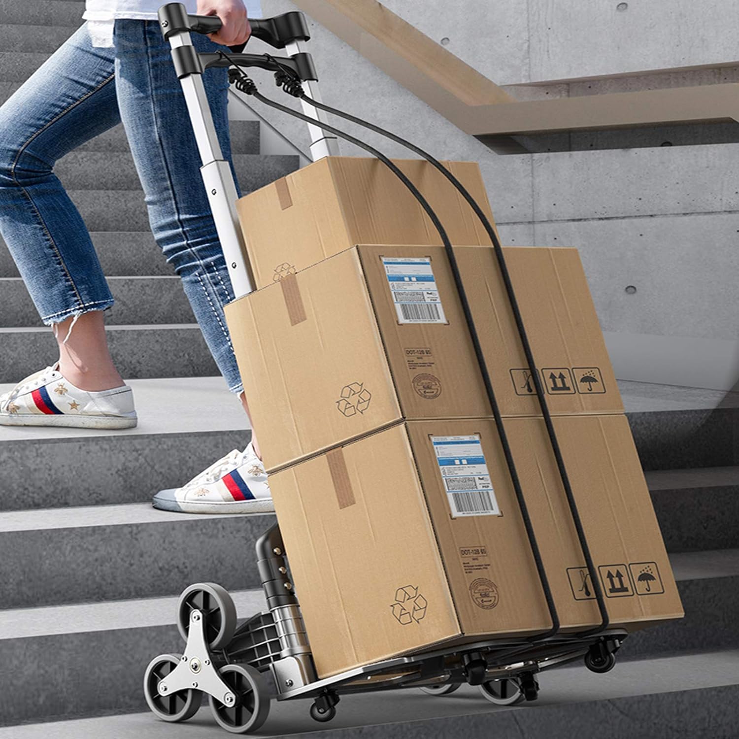 Diable Pliable 3 Roues en Aluminium, Chariot d’Escalier avec Corde de Fixation, Poignee Telescopique en 3 Positions 63-106CM, Charge 80KG, Diable - 2