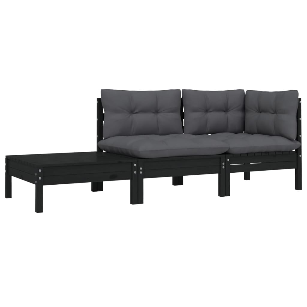 Maison Exclusive - Salon de jardin 3 pcs avec coussins Noir Bois de pin massif - 2