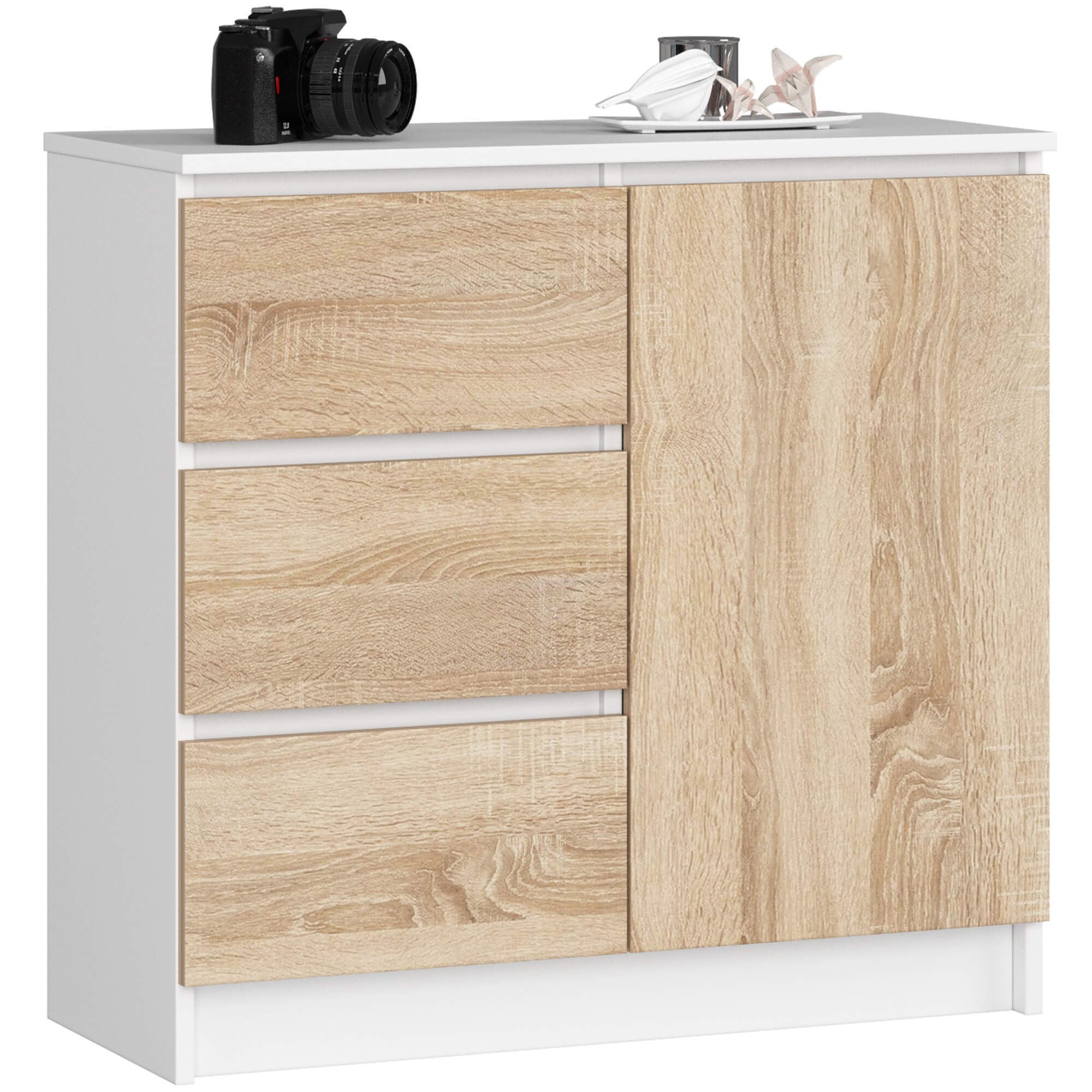 Komoda AKORD JERRY Biała 80 cm 1 drzwi 3 szuflady kolor Dąb Sonoma mat 2 półki 80x35x77 cm