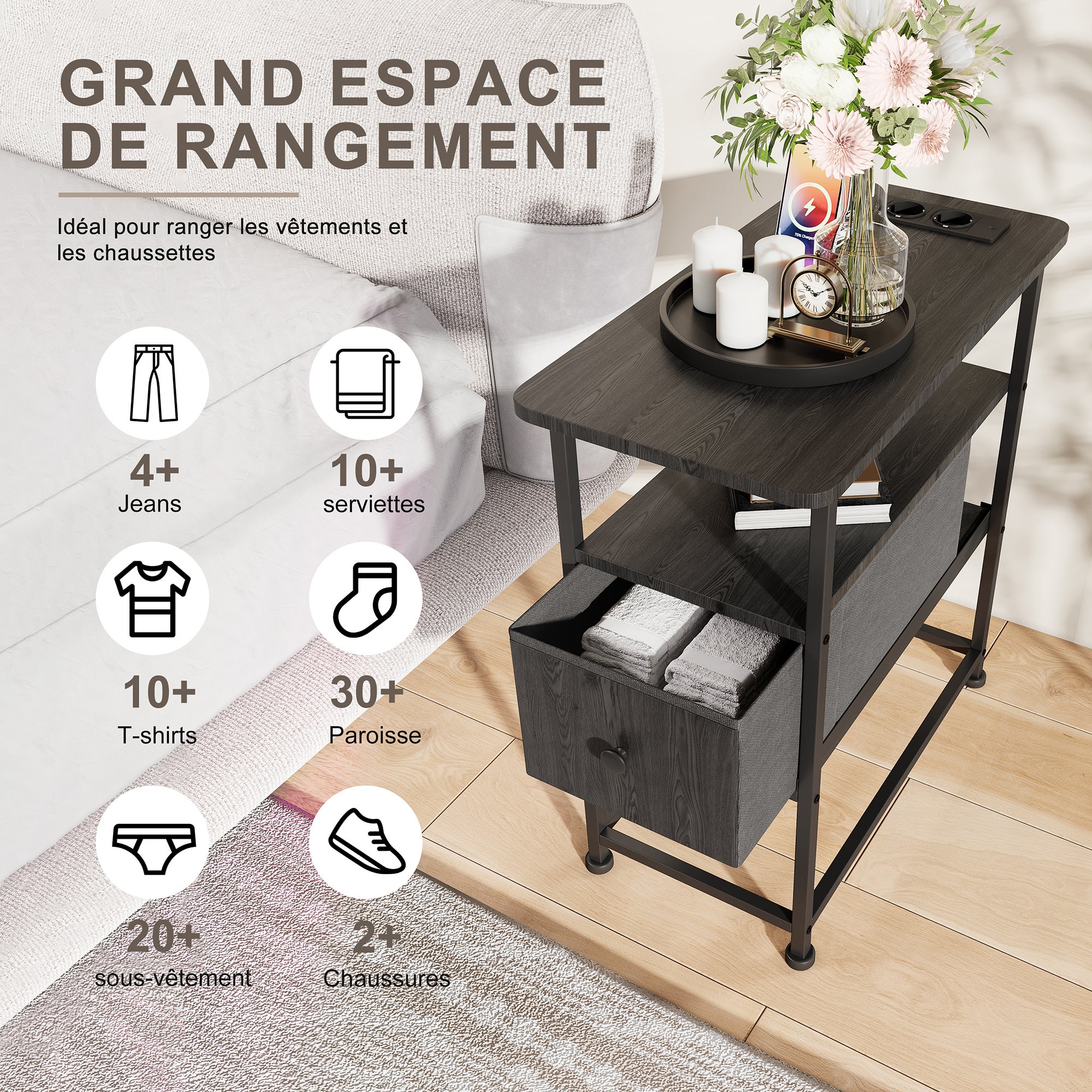 Table d'Appoint avec tiroirs - prise électrique incluse, structure en métal, pieds antidérapants, espace de rangement ouvert - 60x30x62 cm - noir - 5