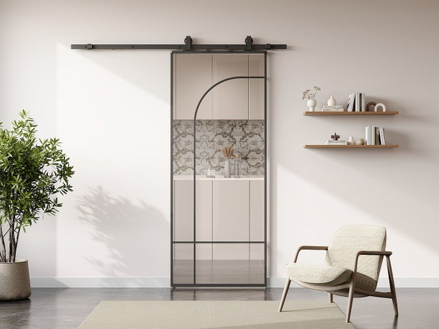 Porte coulissante avec système en applique style verrière - aluminium et verre trempé - H204 x L83 cm - Noir - CLOSIDA