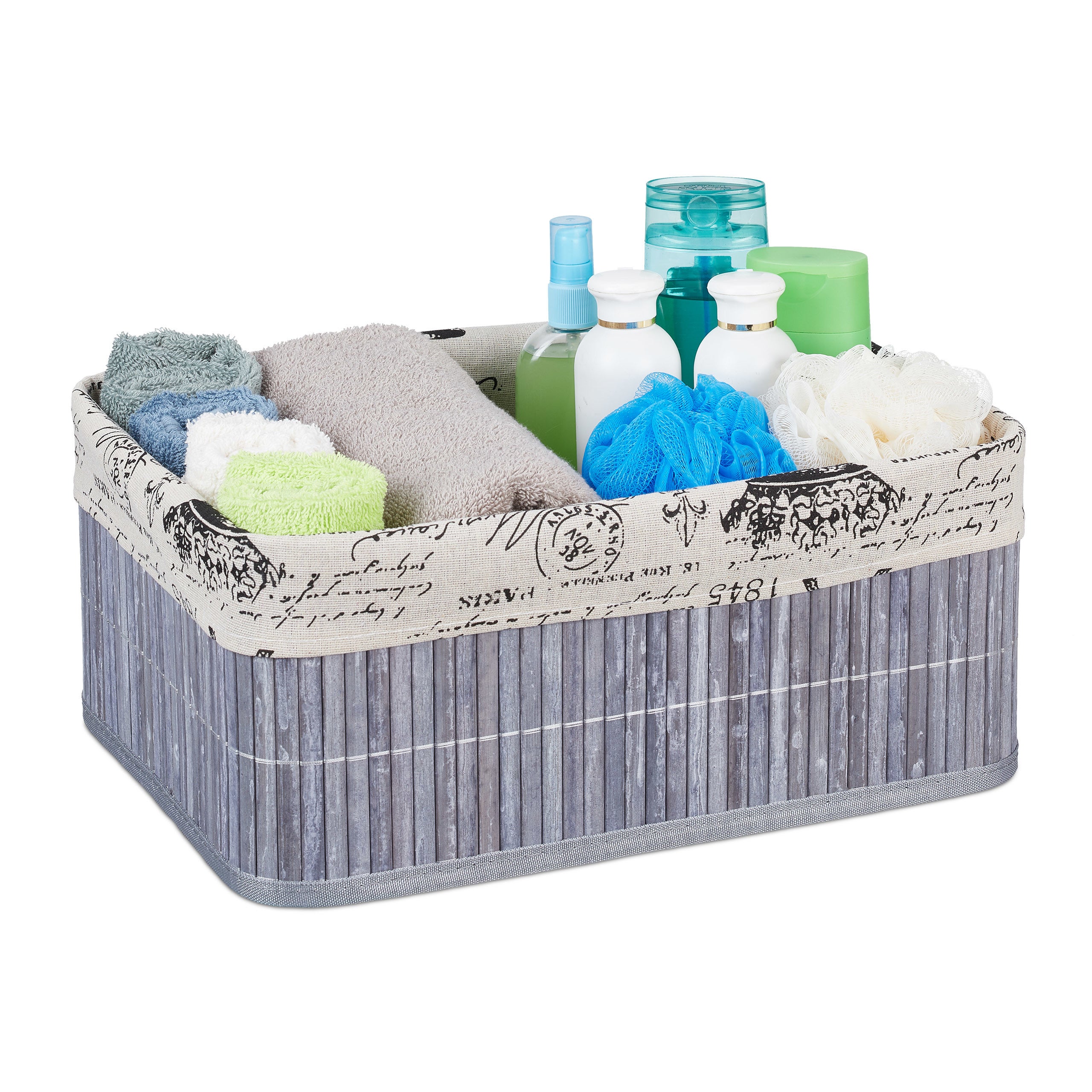 Relaxdays 3 Ceste Portaoggetti In Bambù Pieghevoli Con Rivestimento Retrò Grigio 16,5x38x28,5 Cm