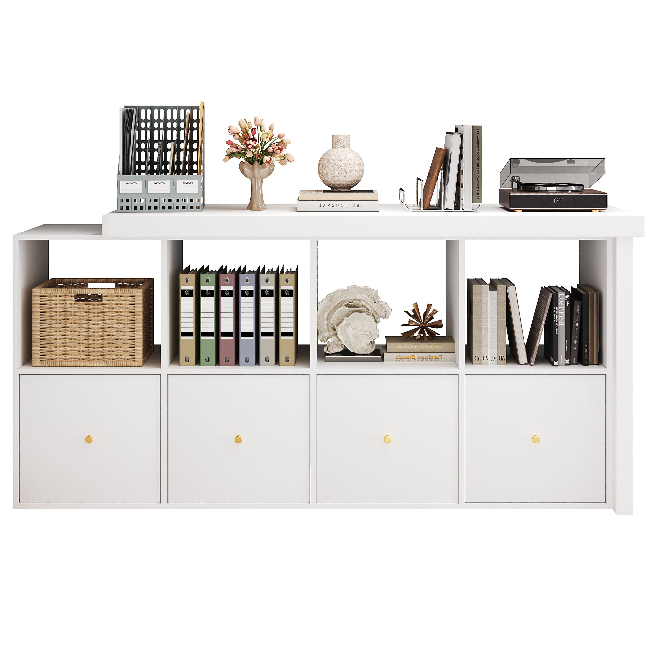 Bureau d'Angle Pivotant 360° Modulable L ou Droit, Table 120cm avec 4 Tiroirs & 4 Niches, Structure Renforcée 4cm, Flexible & Design - Blanc - 7
