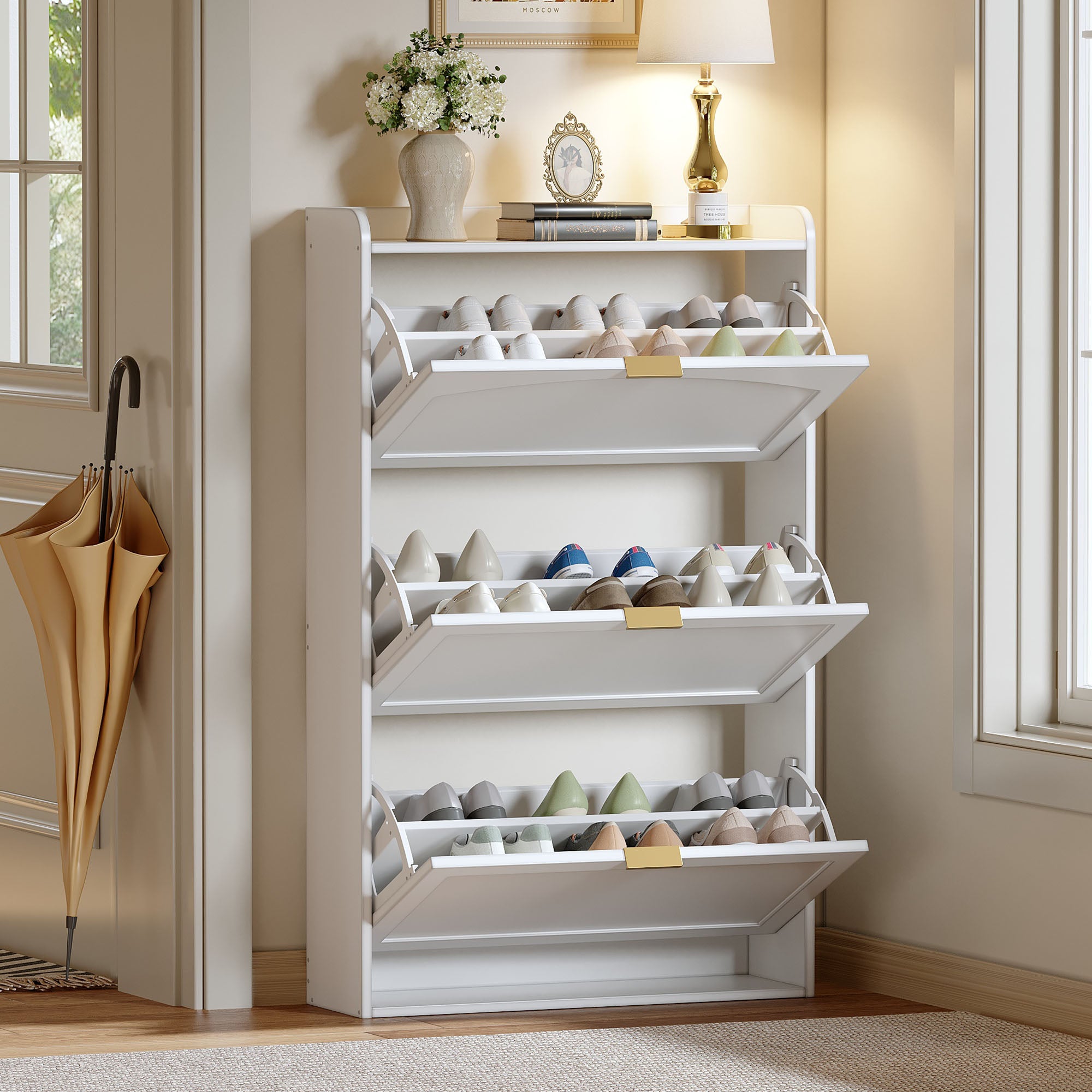 Szafka na buty z 3 drzwiami opuszczanymi - 76 x 23 x 118 cm - Płyta wiórowa - Kolor biały