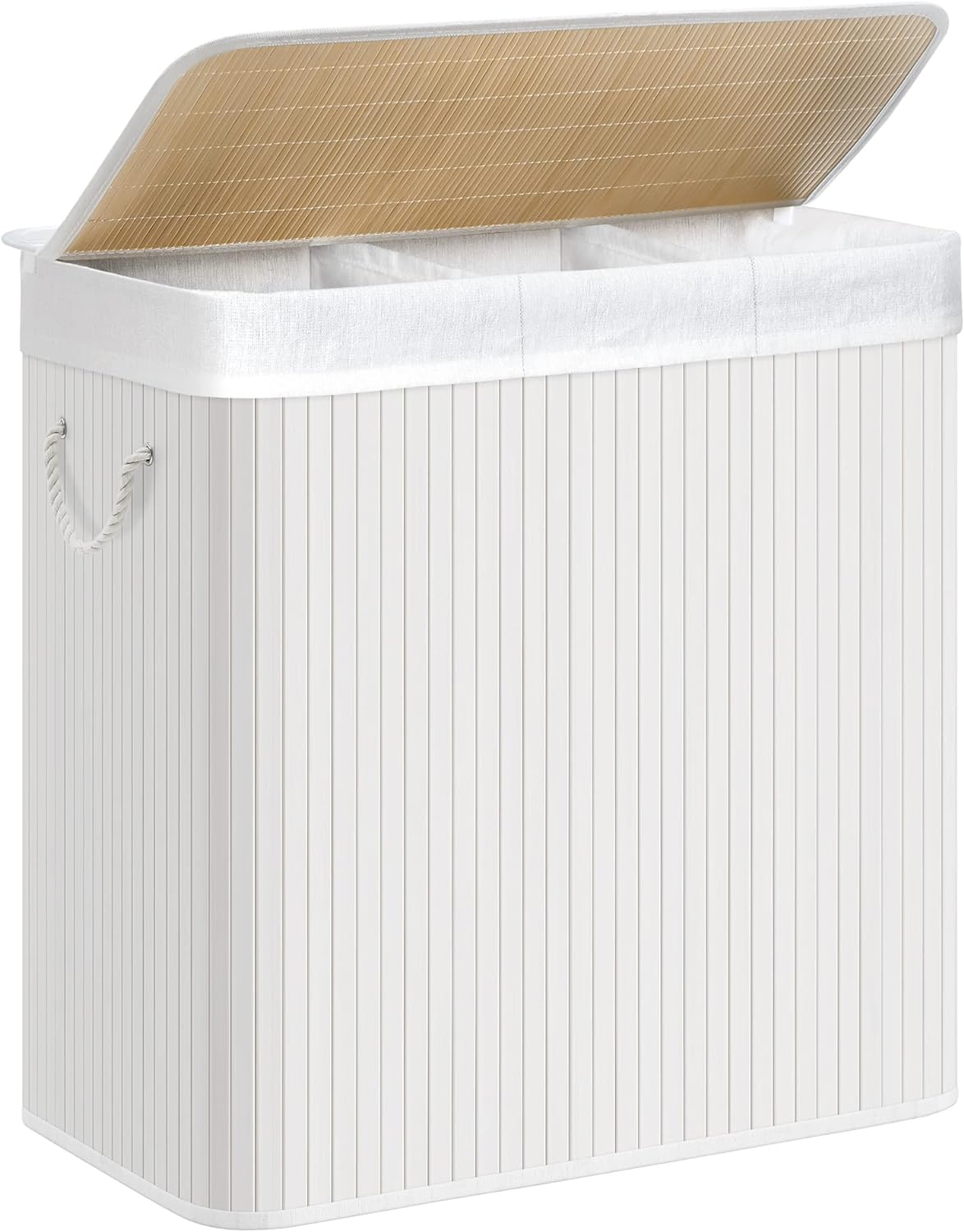 SONGMICS Cesto Portabiancheria, 150 L, Cesta Biancheria a 3 Scomparti in Bambù Coperchio, Maniglie, Pieghevole, Sacco Rimovibile e Lavabile in Lavatr