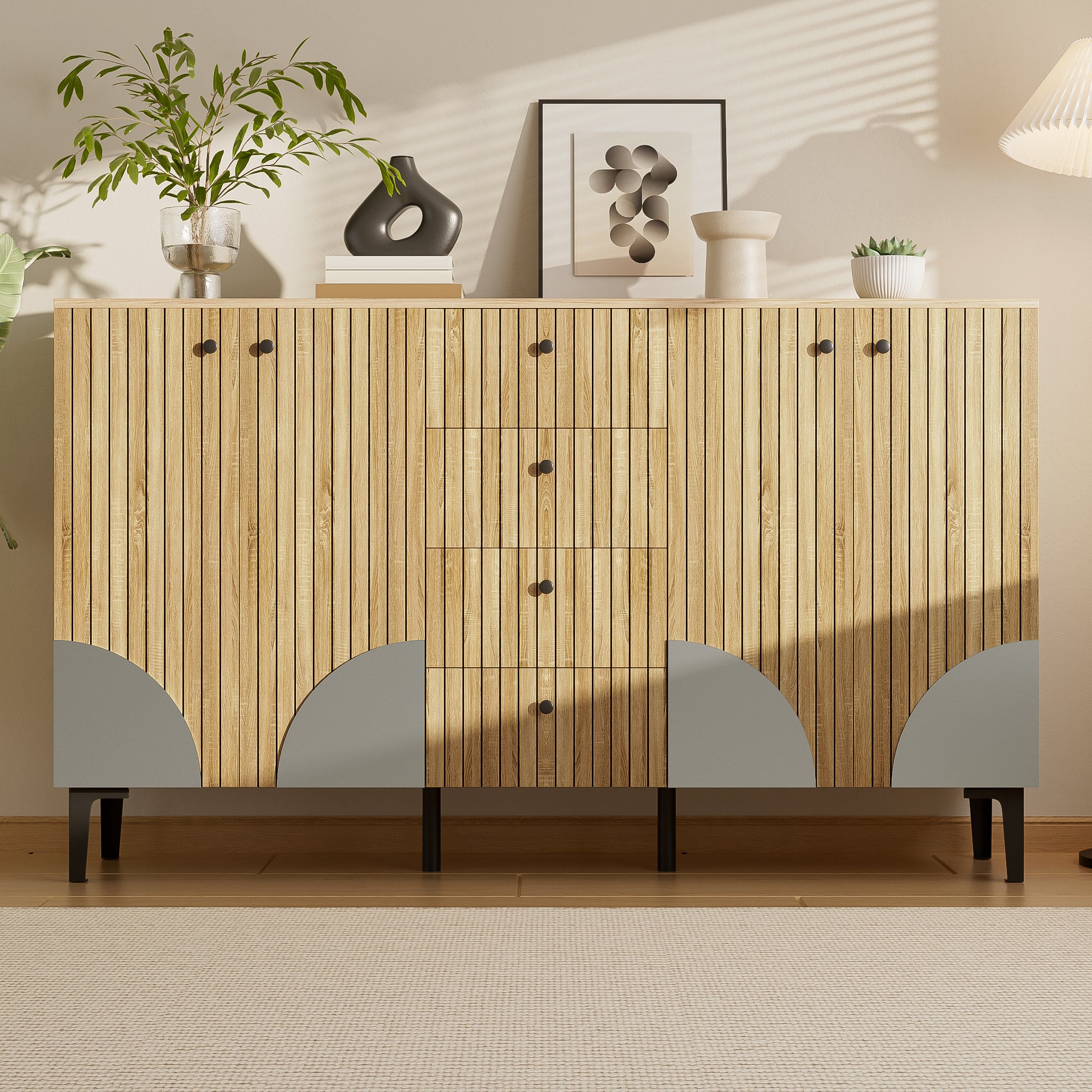 Nowoczesny buffet z drewna 160x36x94 cm - 4 fronty i 4 szuflady - Wykończenie drewno - Płyty wiórowe - Kolor naturalny