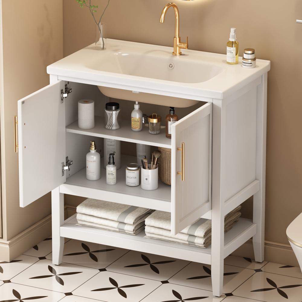 Meuble Salle de Bain 80 cm avec Vasque en Céramique, Armoire Blanche au Sol, Design Élégant, Facile à Installer - 80×47×90cm - 2