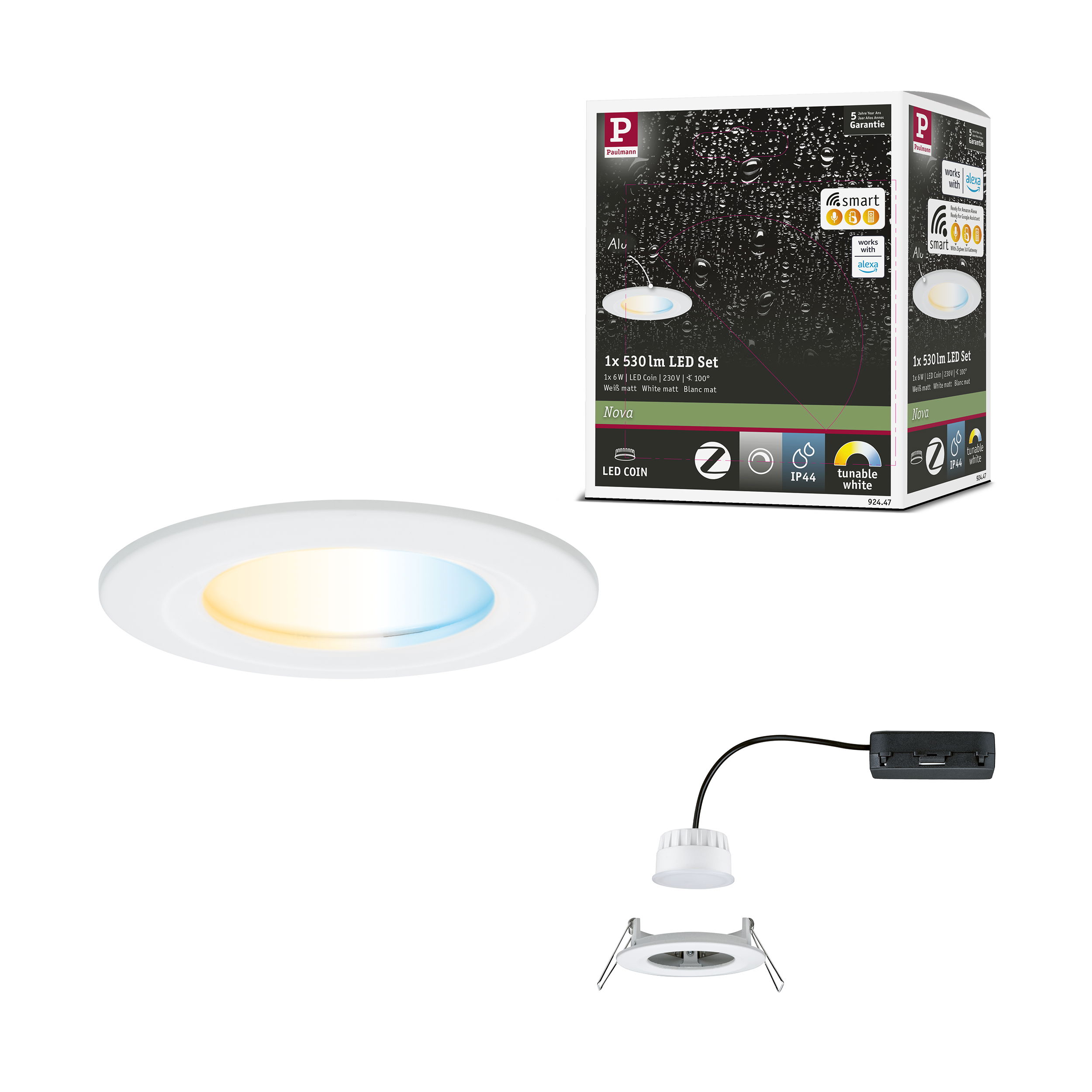 Spot encastré LED Nova Coin IP44 rond 78 mm Tunable White 6W 530lm 230V Blanc dépoli Aluminium