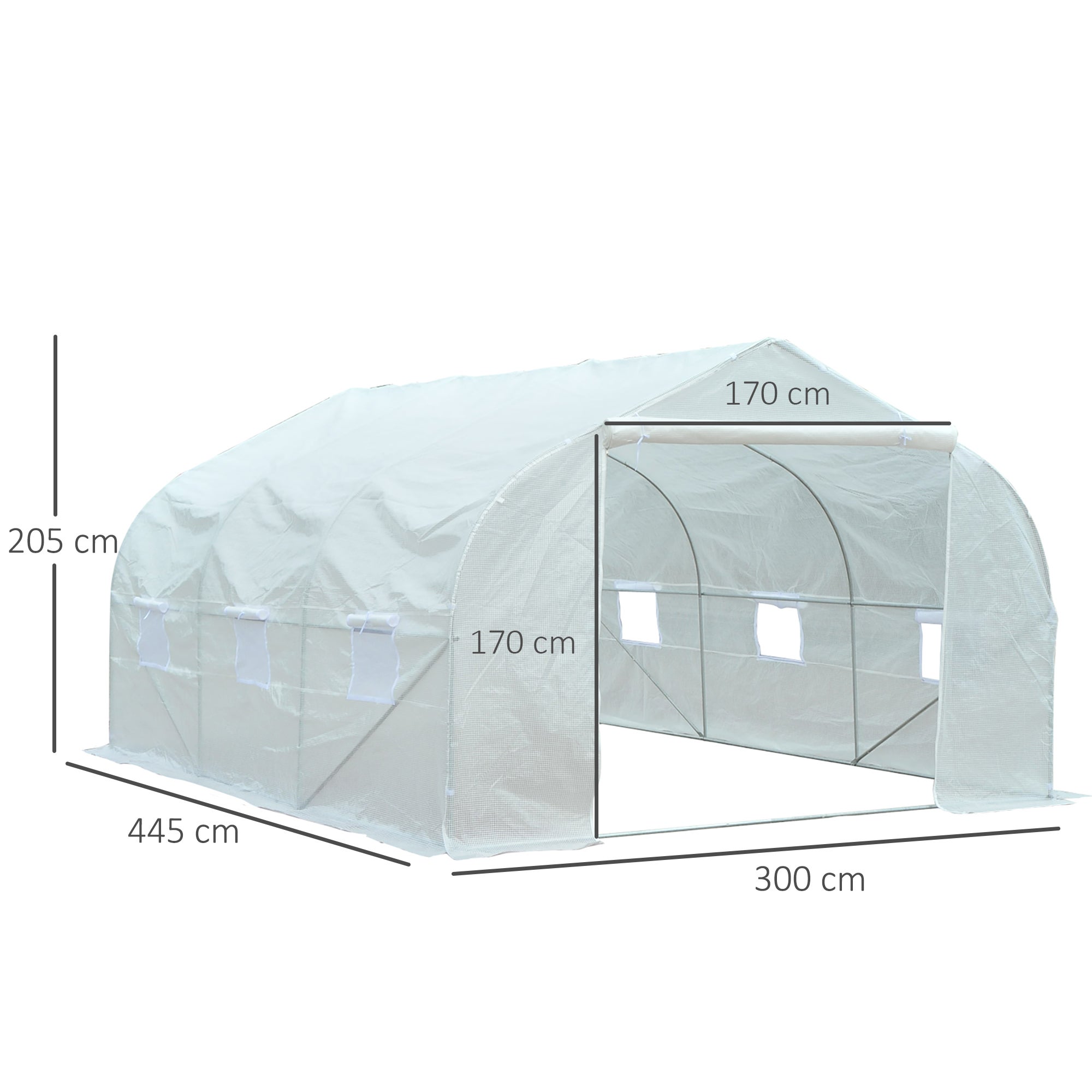 Serre Tunnel de Jardin 13,35 m² dimensions 4,5L x 3l x 2H m Porte + 6 fenêtres enroulables Acier galvanisé bâche PE Haute densité Blanc - 5