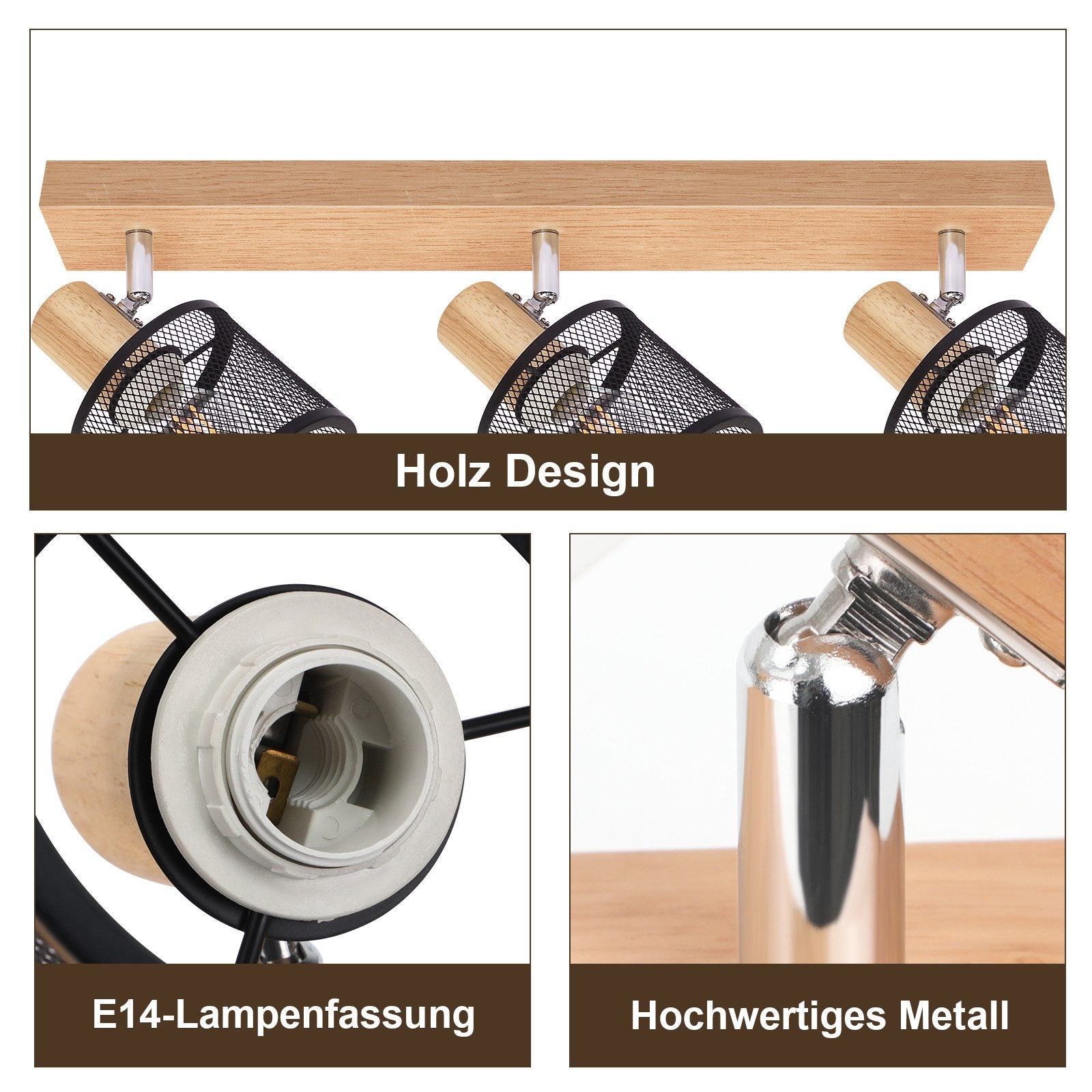 NETTLIFE Plafoniera 3 faretti effetto legno nero - E14 plafoniera orientabile 350° 4 lampadine max 25w moderna per soggiorno camera da letto cucina. - 5