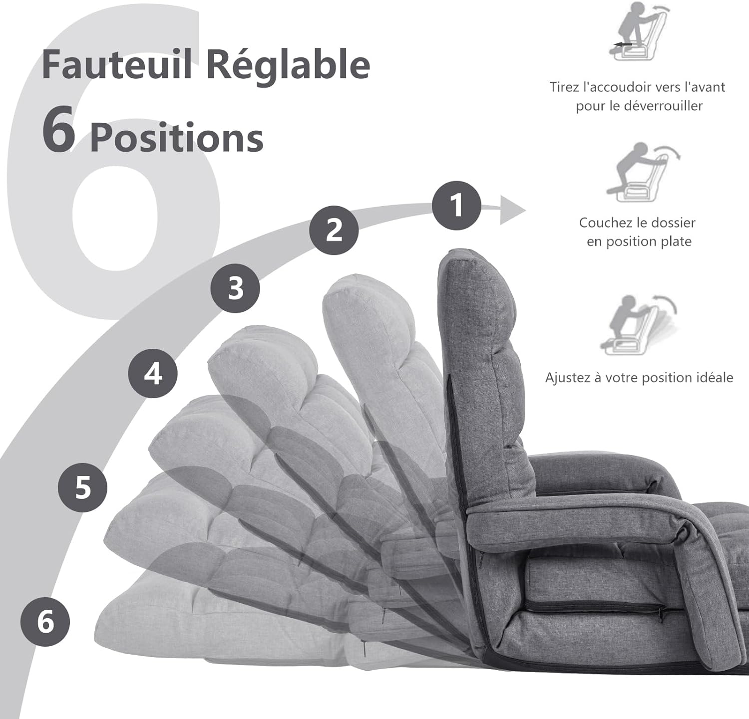 Fauteuil de Salon, Fauteuil Convertible avec Oreiller, Canapé-Lit Convertible Dossier Réglable, Rembourré d’Éponge Doux et Elastique, Gris - 4