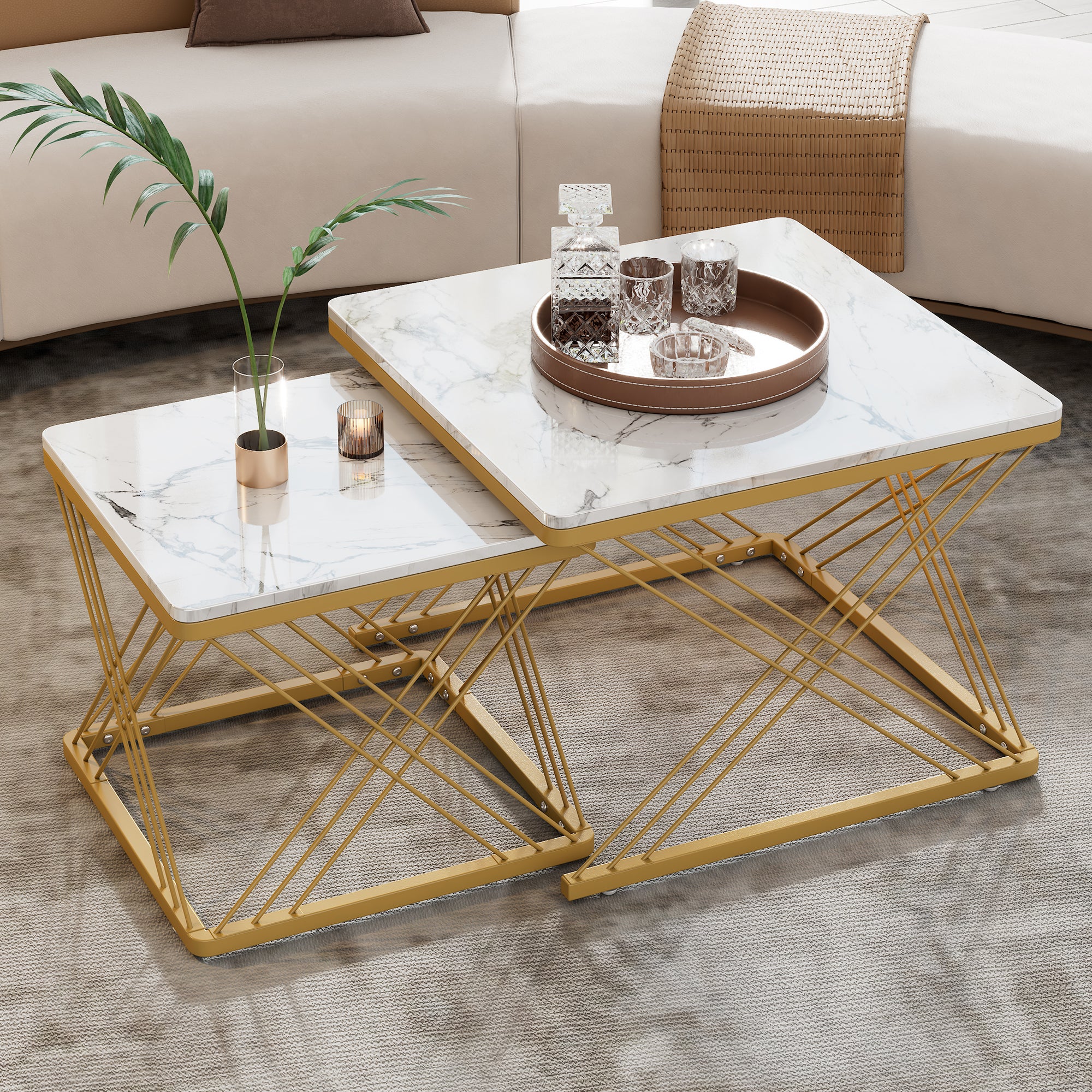Tables Basses Gigognes 2 Pièces - Style Marbre & Métal Doré - Étagère Double Niveau Pour Salon
