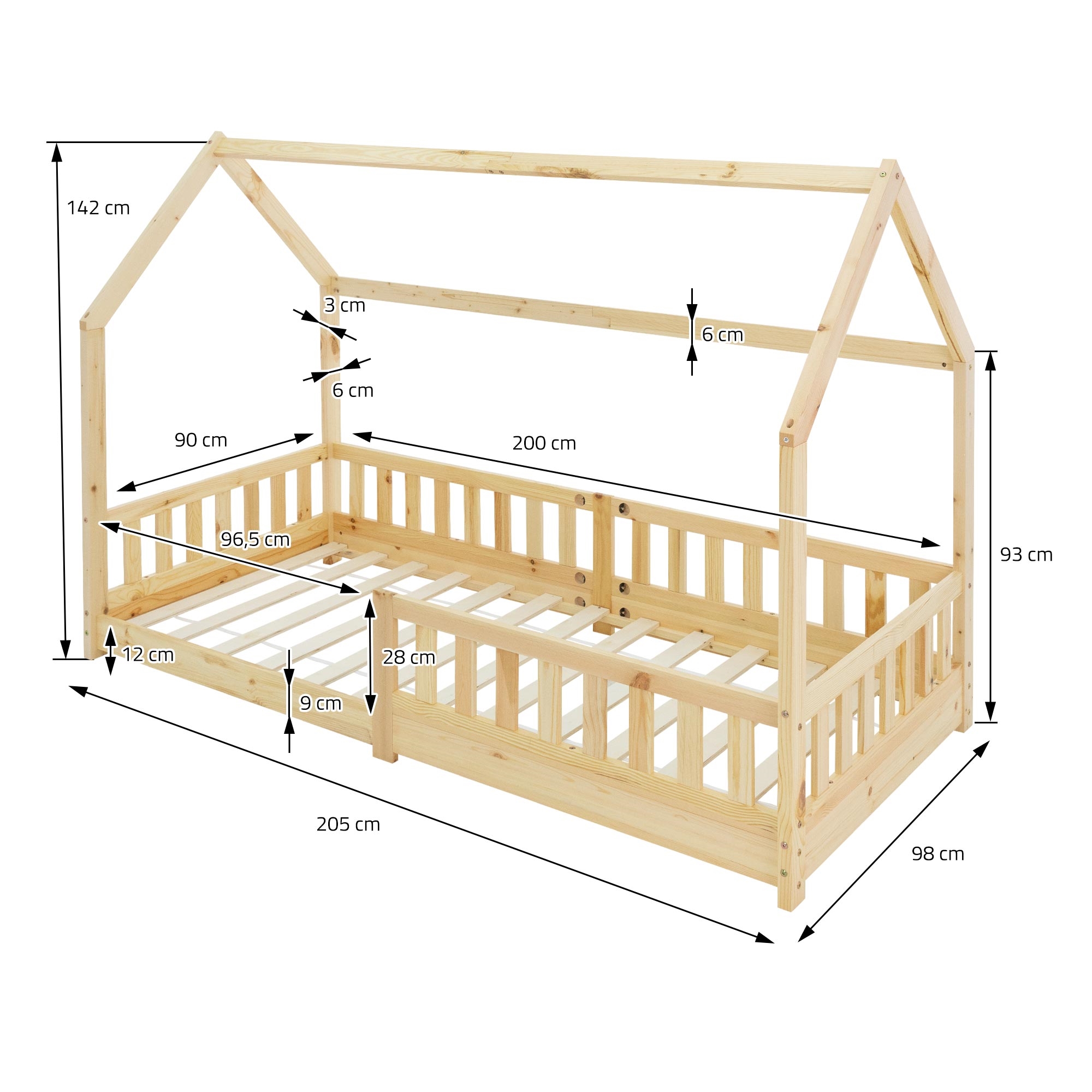 Lit cabane enfant 90x200 cm naturel en bois massif avec protection antichute, toit et sommier à lattes, couchage au bas maisonnette - 4