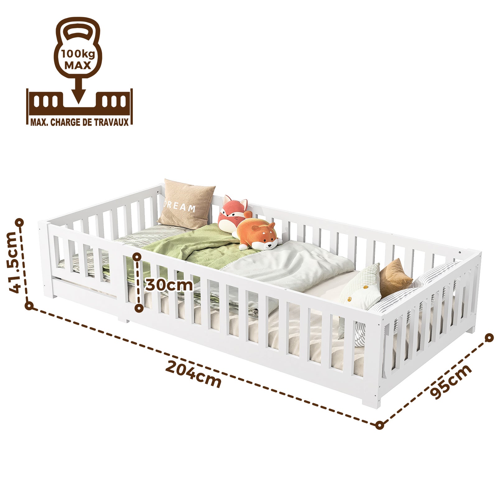 Lit Enfant 90 x 200 cm, Lit de sol en Bois Naturel de Pin Massif avec porte et Barrière de Sécurité, Lit Montessori avec sommier à lattes, Blanc - 2