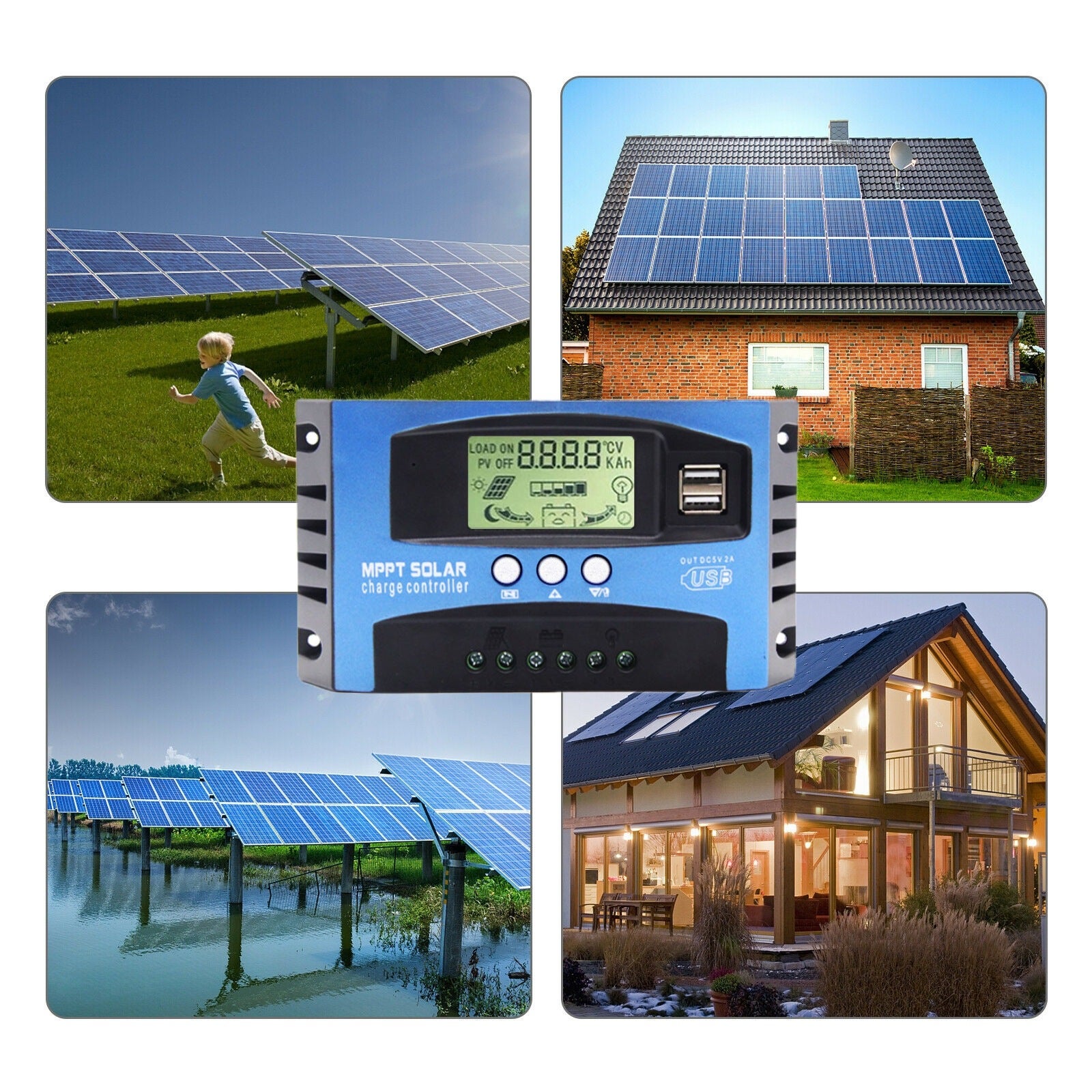 Contrôleur de charge solaire 40 ampères pour panneaux solaires automatiques et batteries 12V/24V, avec écran LCD et deux ports USB 5V. - 9