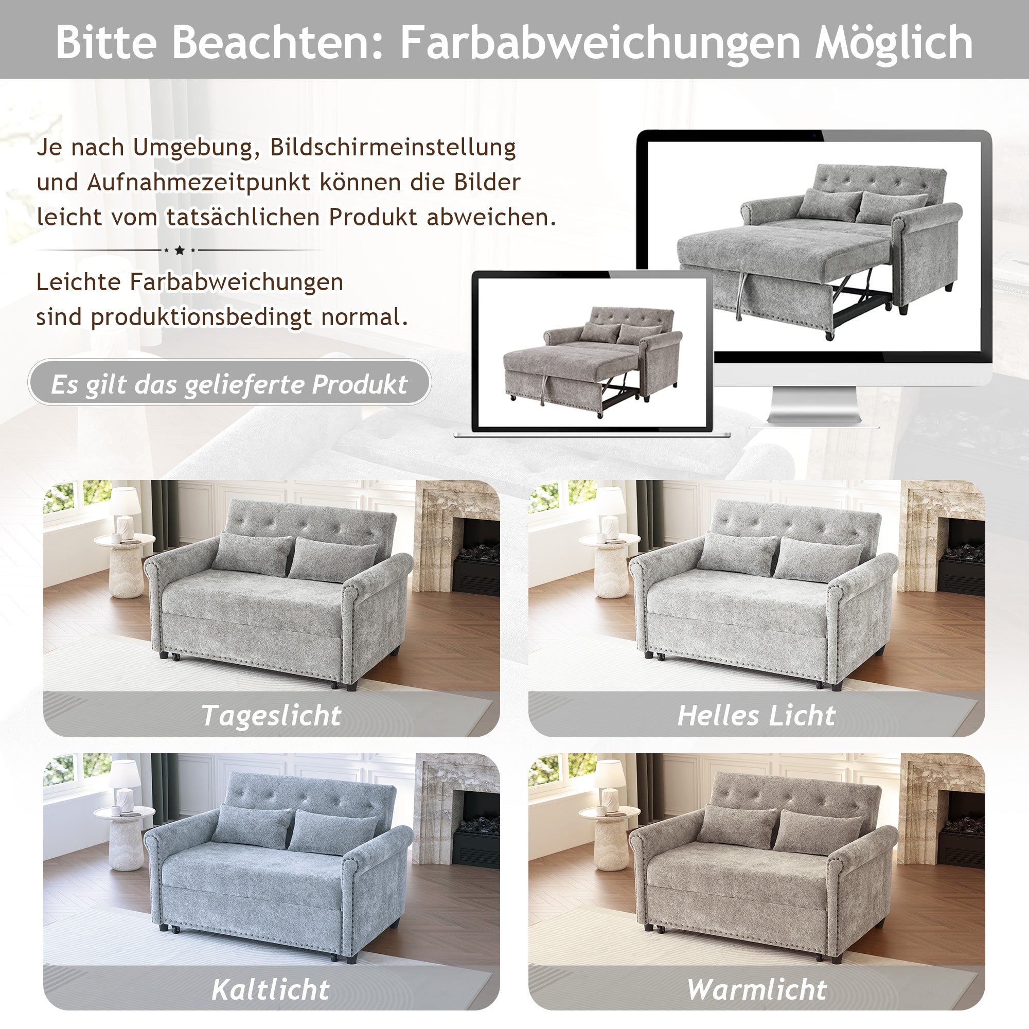 Sofa rozkładana 3 w 1 z odchylanym oparciem (110°/145°/180°) - Tkanina szenilowa - Powierzchnia spania 170 x 98 cm - 2 poduszki - Szary - 7
