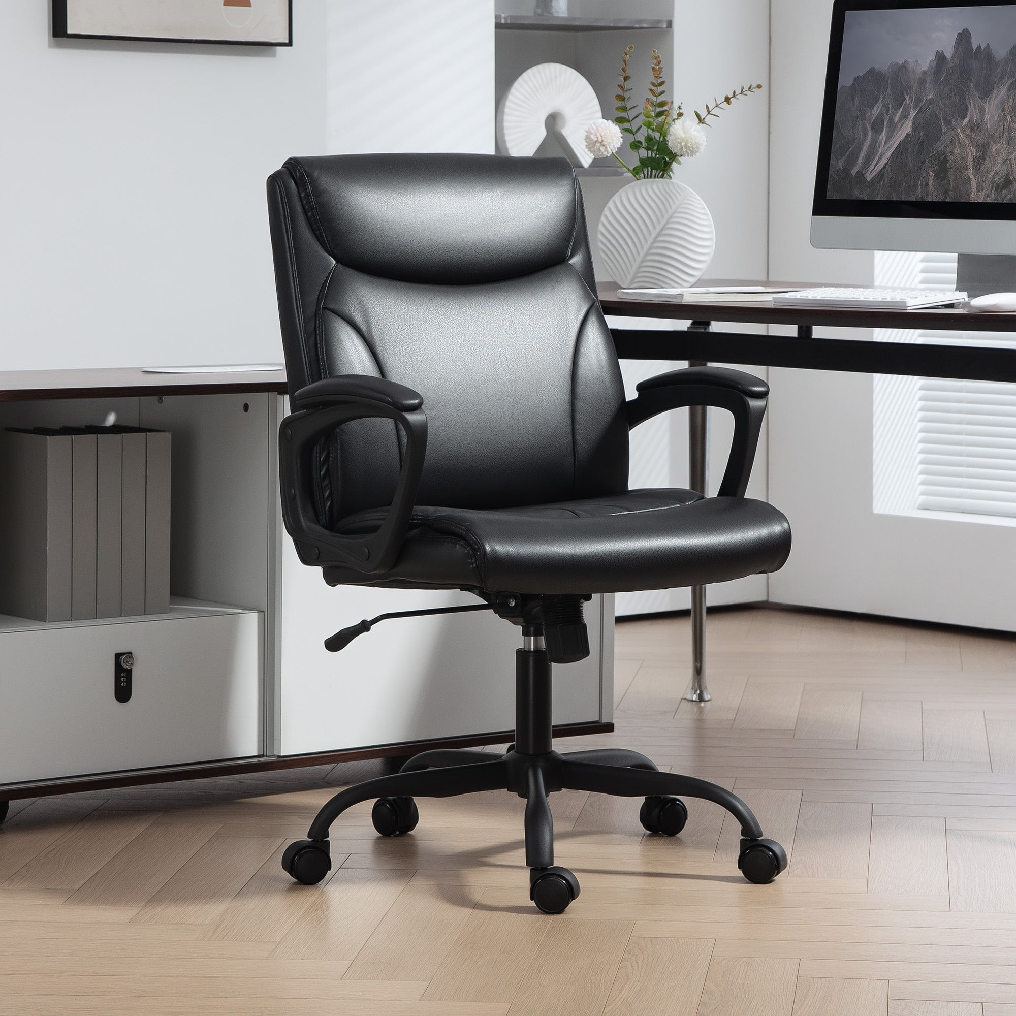 HOMCOM Sedia Girevole ad Altezza Regolabile con Poggiapiedi, in Acciaio, Finta Pelle e Gommapiuma, 52x52x78-92 cm, Nero | Leroy Merlin