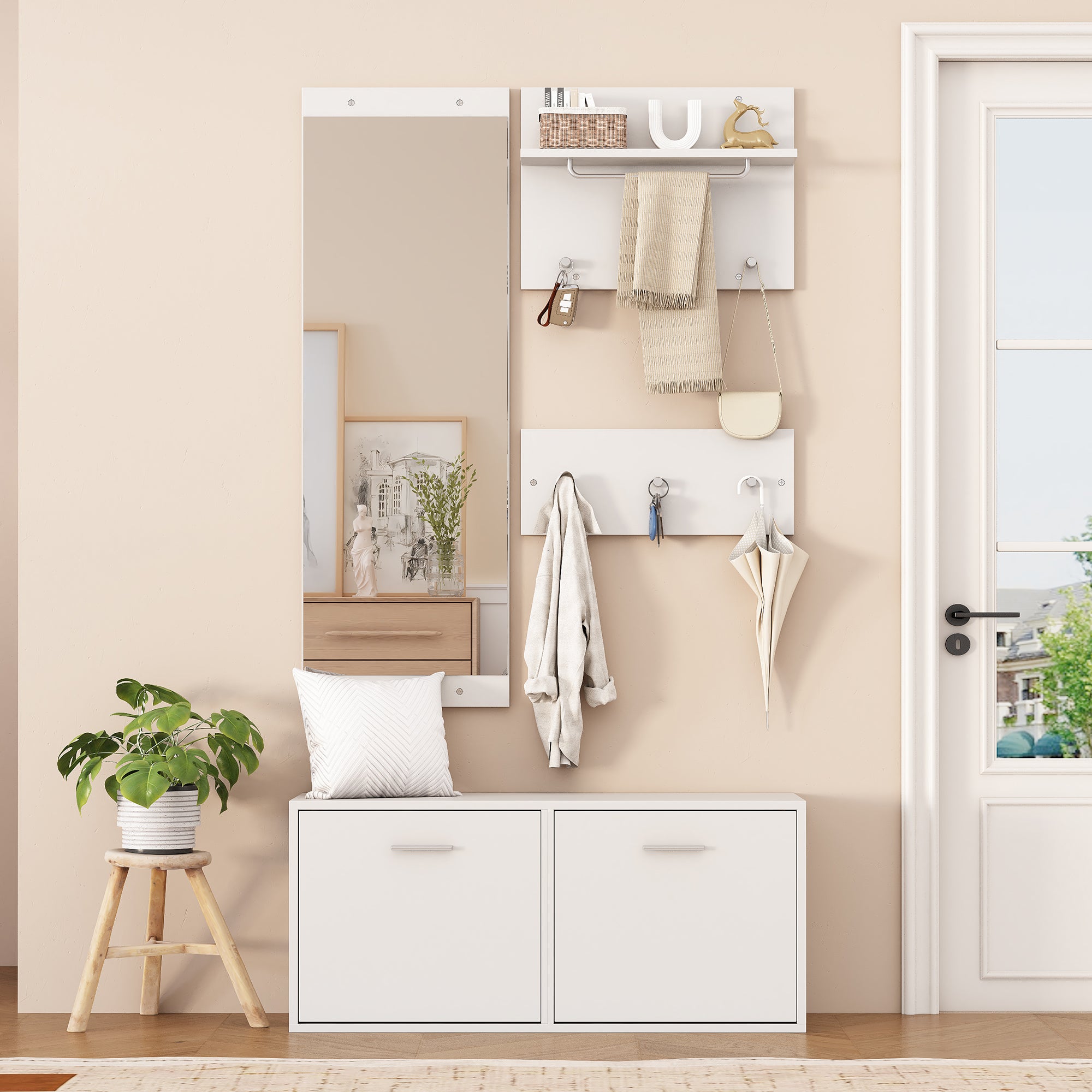 Zestaw szafek na buty z ławką, lustrem, 2 półkami na kapelusze - 90 x 30 x 41,5 cm - Płyta wiórowa - Biały