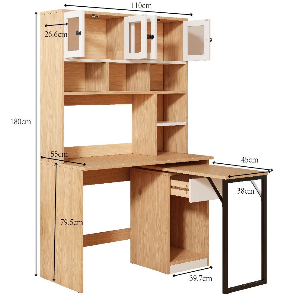 Bureau extensible d'ordinateur avec 1 tiroir, 4 portes et bibliothèque - 110 x 55 x 180 cm - bois MDF - naturel + blanc - 2
