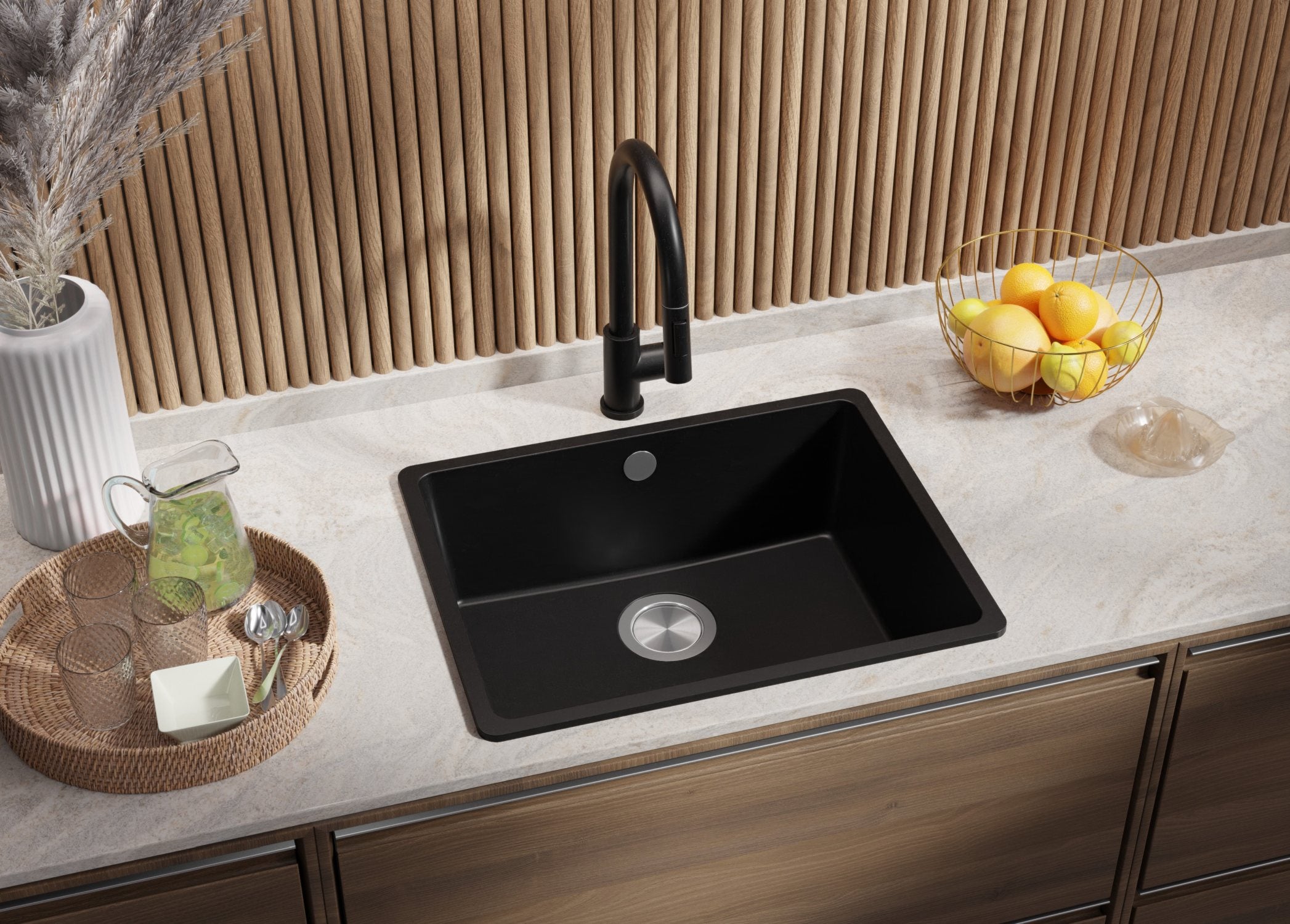 Lavandino da Cucina Nero 56x44cm, Lavello in Granito a 1 vasca + Sifone Classico + Accessori, Lavabo da Cucina Incasso al mobile 60cm PRIMAGRAN - 2