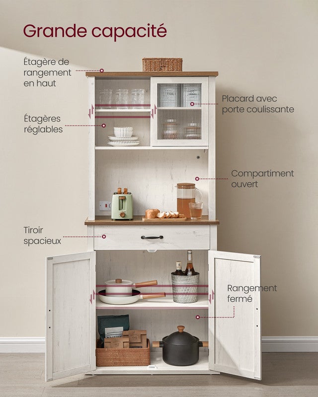 Meuble de Rangement avec Lumières et Chargeur, avec Portes et Tiroirs, Buffet, Meuble à café, Étagères Réglables, Style Campagne, Blanc Rustique - 3