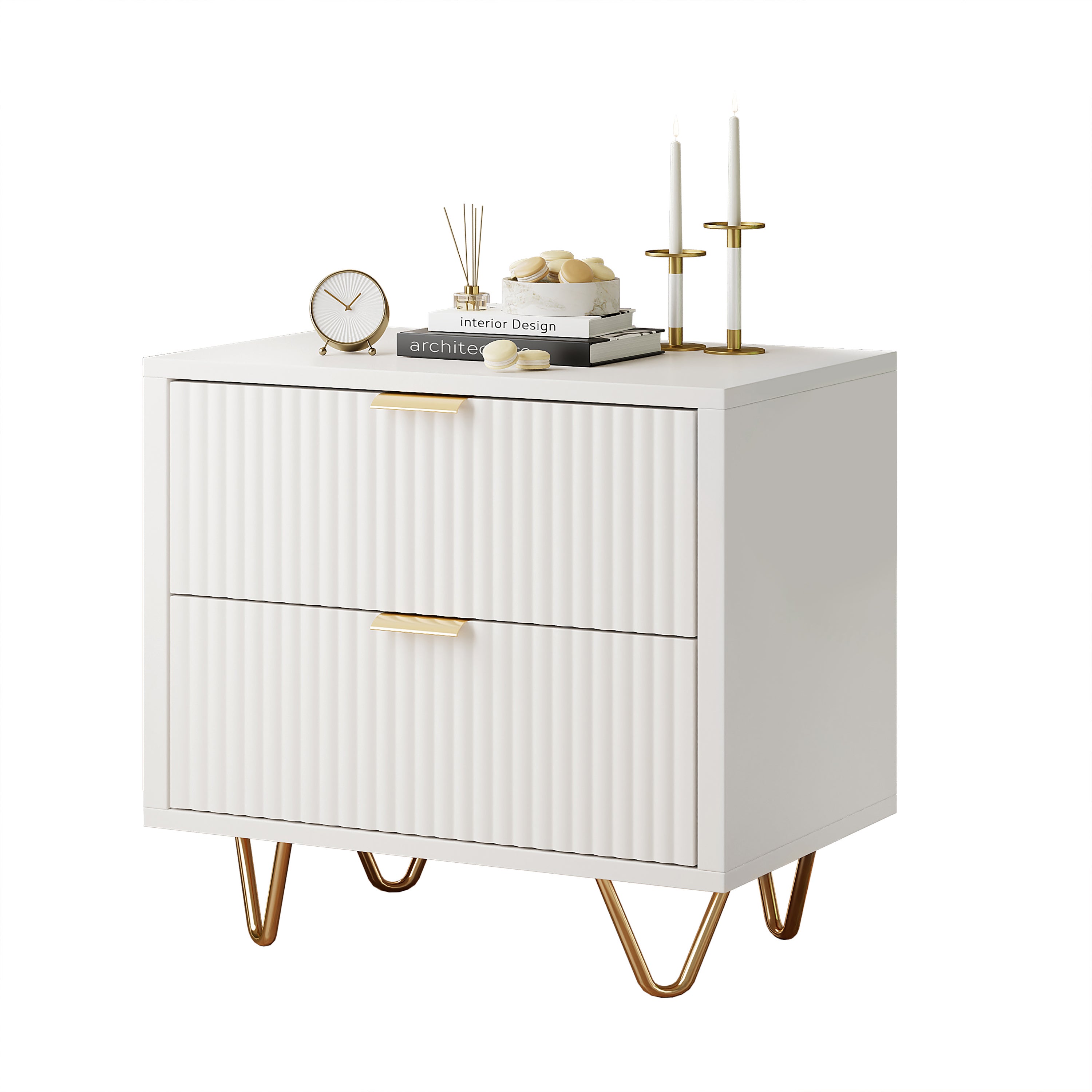 Lot de 2 tables de chevet, 2 tiroirs, façade ondulée, poignées en métal, pieds en acier inoxydable - L.40 x P.40 x H.55 cm - style scandinave - blanc - 8