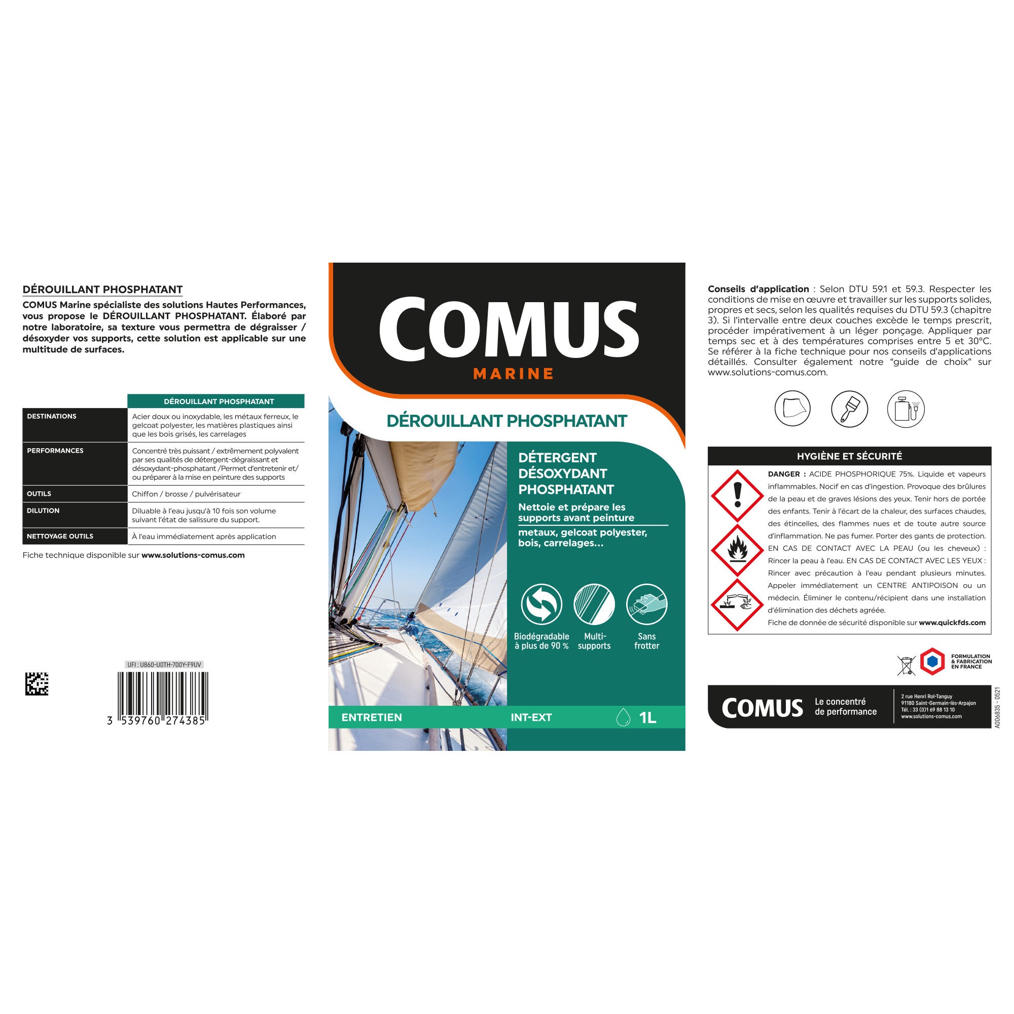 DEROUILLANT PHOSPHATANT 1L - Solution concentrée d'acides et de tensioactifs - COMUS MARINE - 3