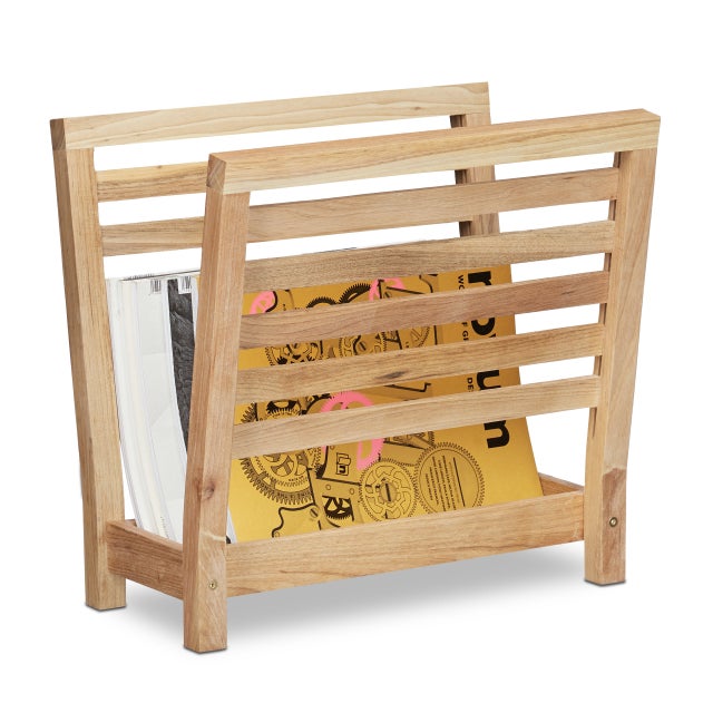 Porte-revues avec support pour journaux y tablette, en bois de noyer naturel, 38,5 x 26,5 x 40 cm, Relaxdays