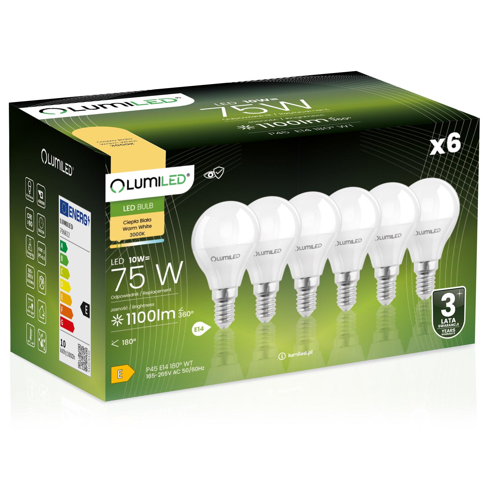 Żarówka LED Lumiled E14 Kulka P45 10W 1055lm 3000K 180st 6 szt.