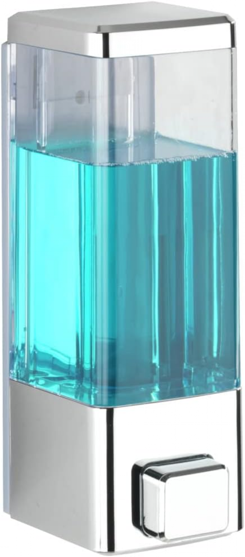 Dozownik mydła montowany na ścianie | Dozownik łazienkowy | Plastikowy dozownik mydła | (szer. x wys. x gł.) 6 x 18,5 x 7,5 cm | Chrom