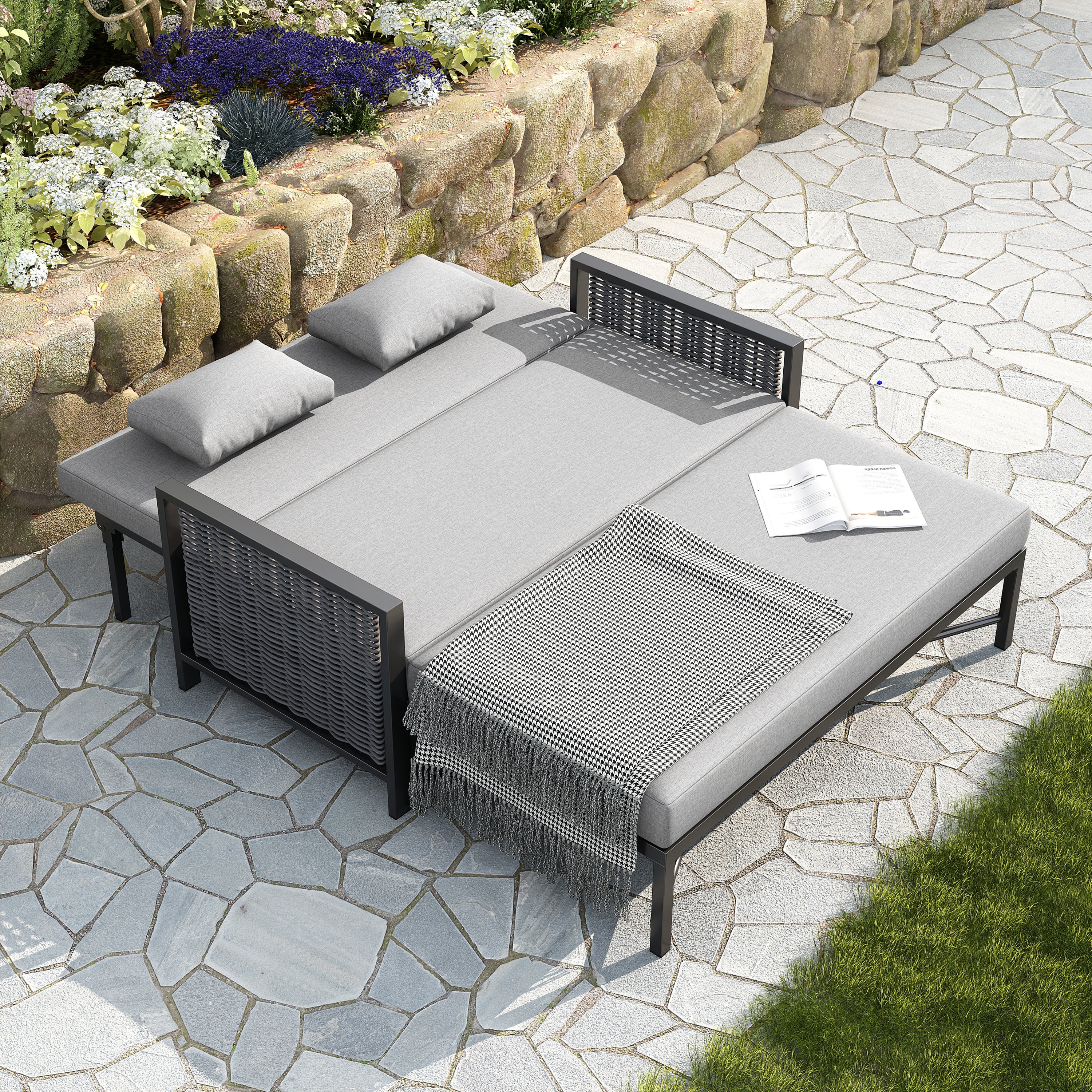 Ensemble de meubles de jardin,Avec pédales rétractables,canapé 2 places Avec 5 positions de dossier réglables,Chaise longue double d'extérieur, Gris - 5