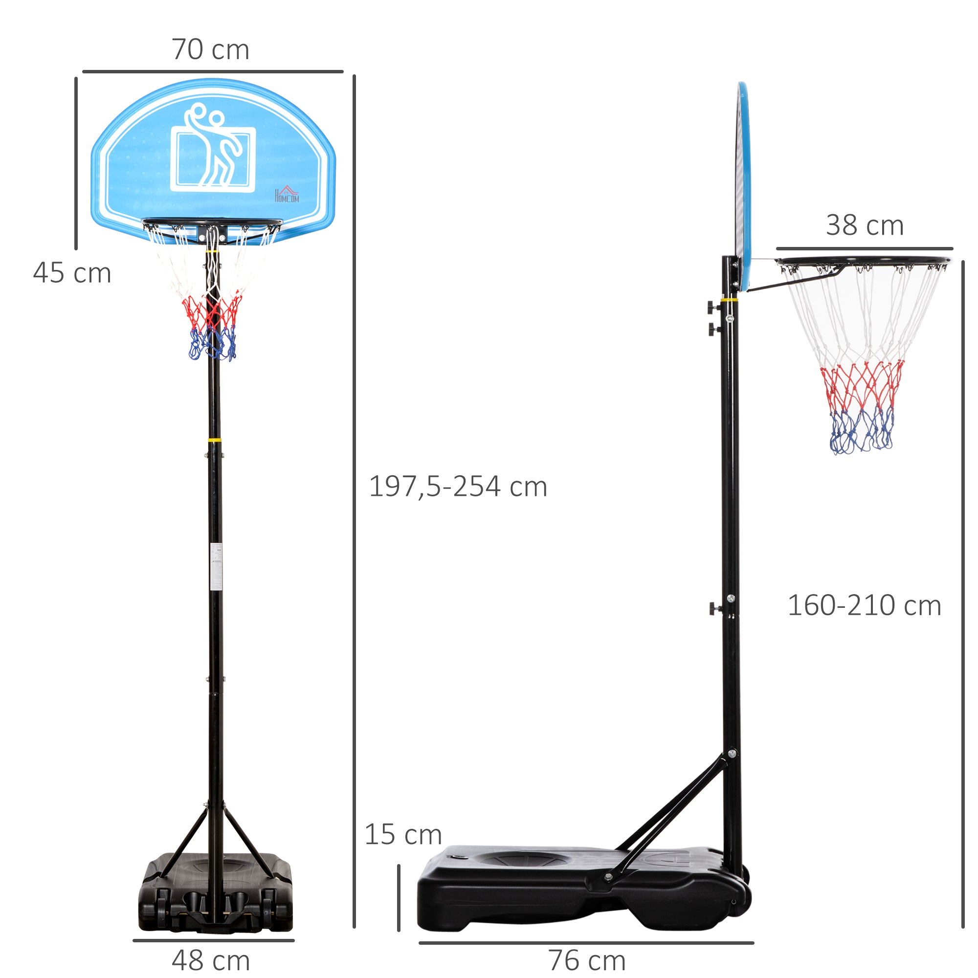Tabela de Basquetebol HOMCOM Preto e Azul Aço, PE e HDPE 76x70x197,5-254cm - 3