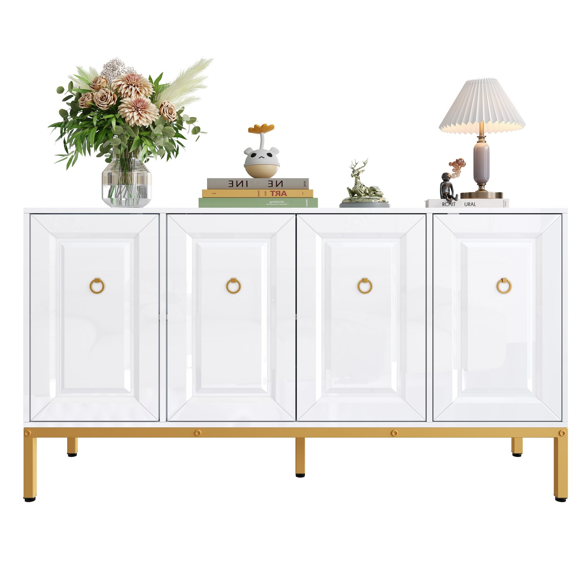 Komoda niska z 4 drzwiami, szufladami - 140 x 40 x 80 cm - Płyta MDF i płyta wiórowa - Nogi metalowe w kolorze złotym - Biała