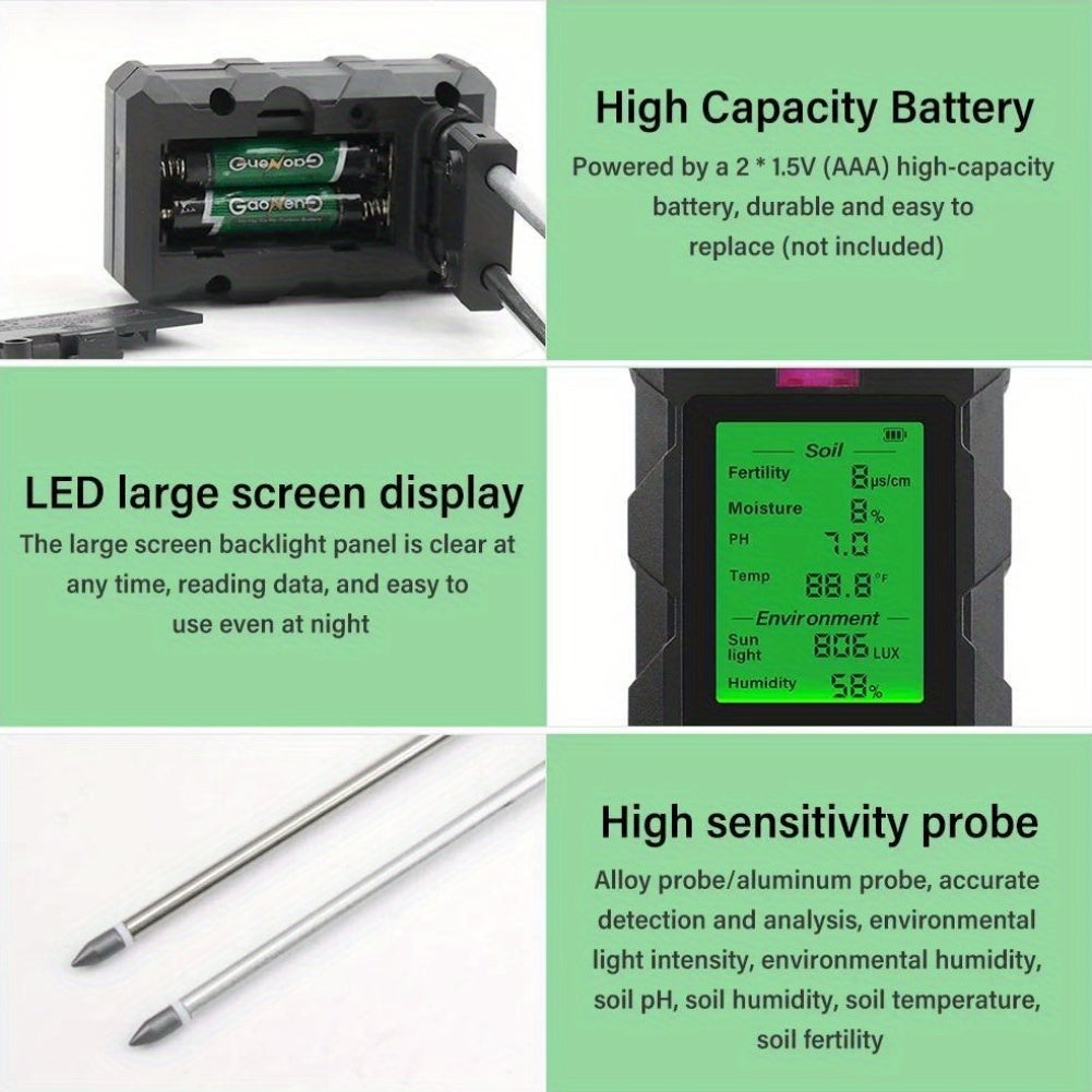 Testeur de sol 6 en 1 avec écran LCD, analyse de la fertilité du sol, humidité des nutriments, pH, humidité et température. - 9