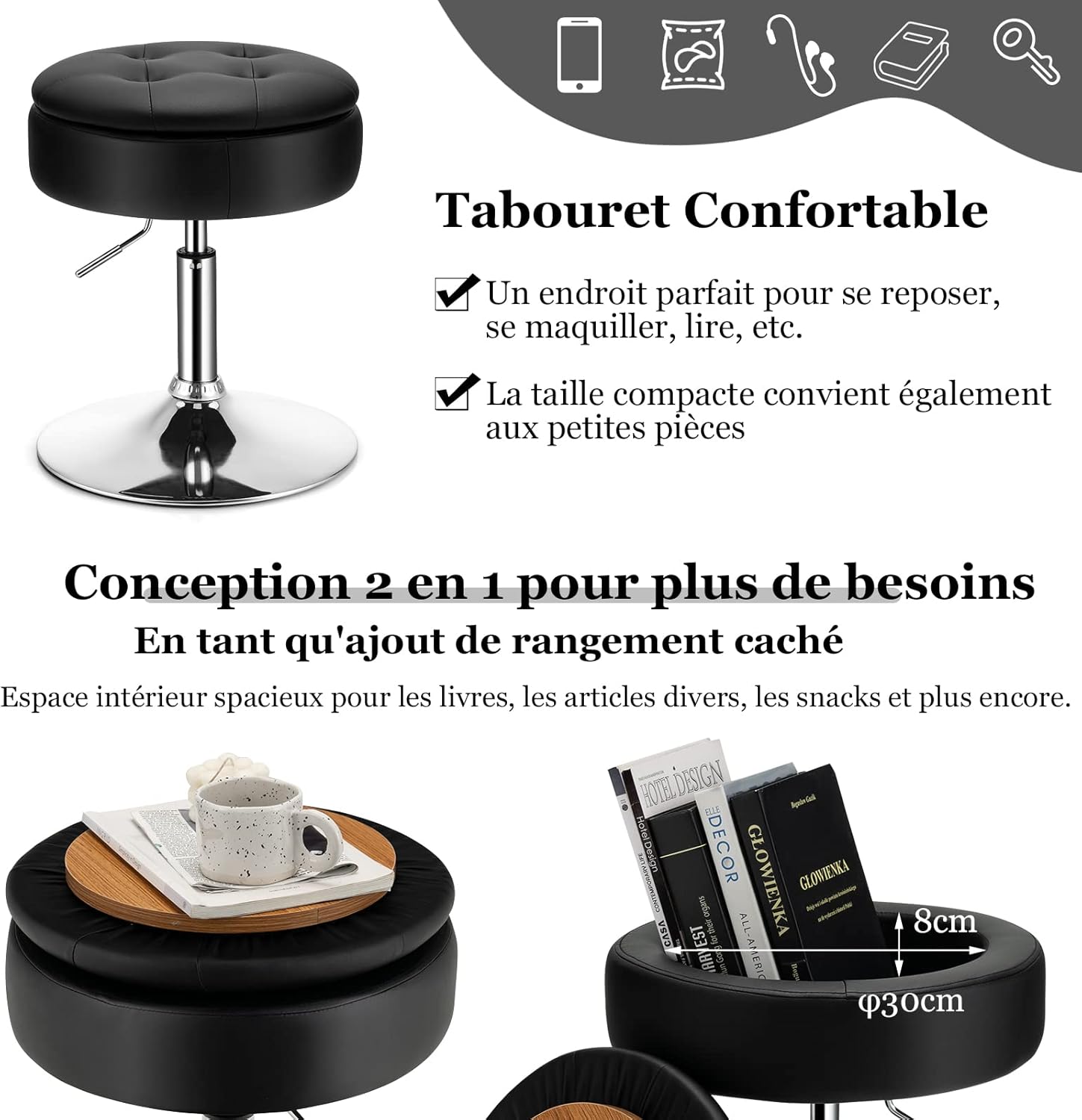Taboret do Makijażu Obracany o 360°, Toaletki z Miejscem do Przechowywania, Wysokość Siedziska 51-66 cm, Tapicerowany, Nowoczesny (Czarny) - 5
