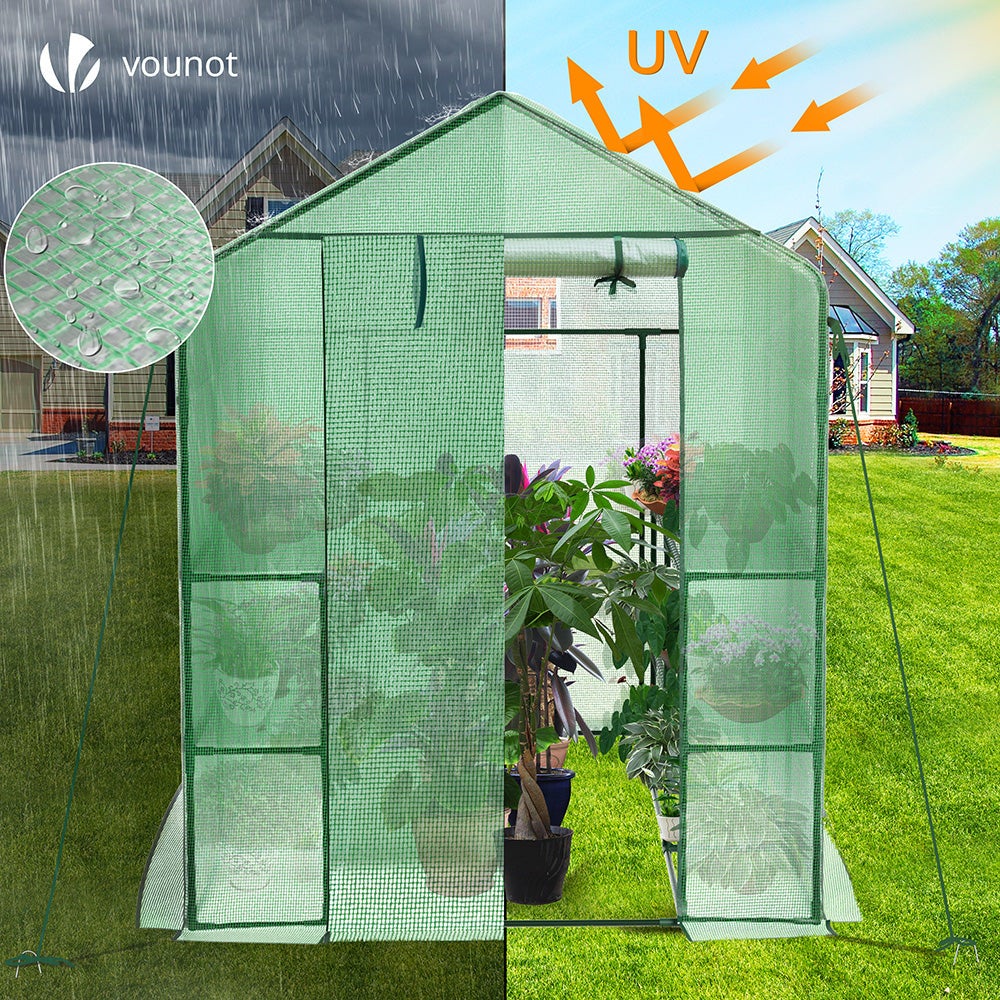 Serre de jardin avec étagères 143x215x195cm vert - bâche renforcée 135g/m², fenêtre moustiquaire, porte enroulable zippée - VOUNOT® - 4