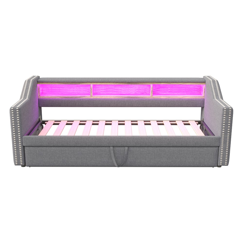 Canapé-lit extensible 90/180 x 190 cm, éclairage LED et prise USB, gris clair - 5