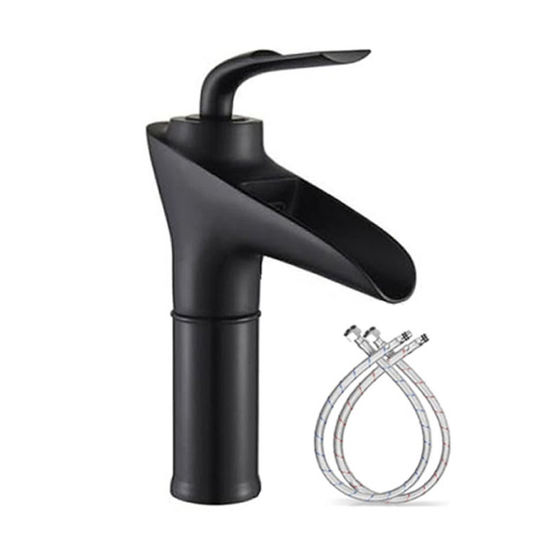 Klasyczny, niski kran wodospadowy do ciepłej i zimnej wody, jednootworowy kran do umywalki łazienkowej z wężem (czarny, krótki)