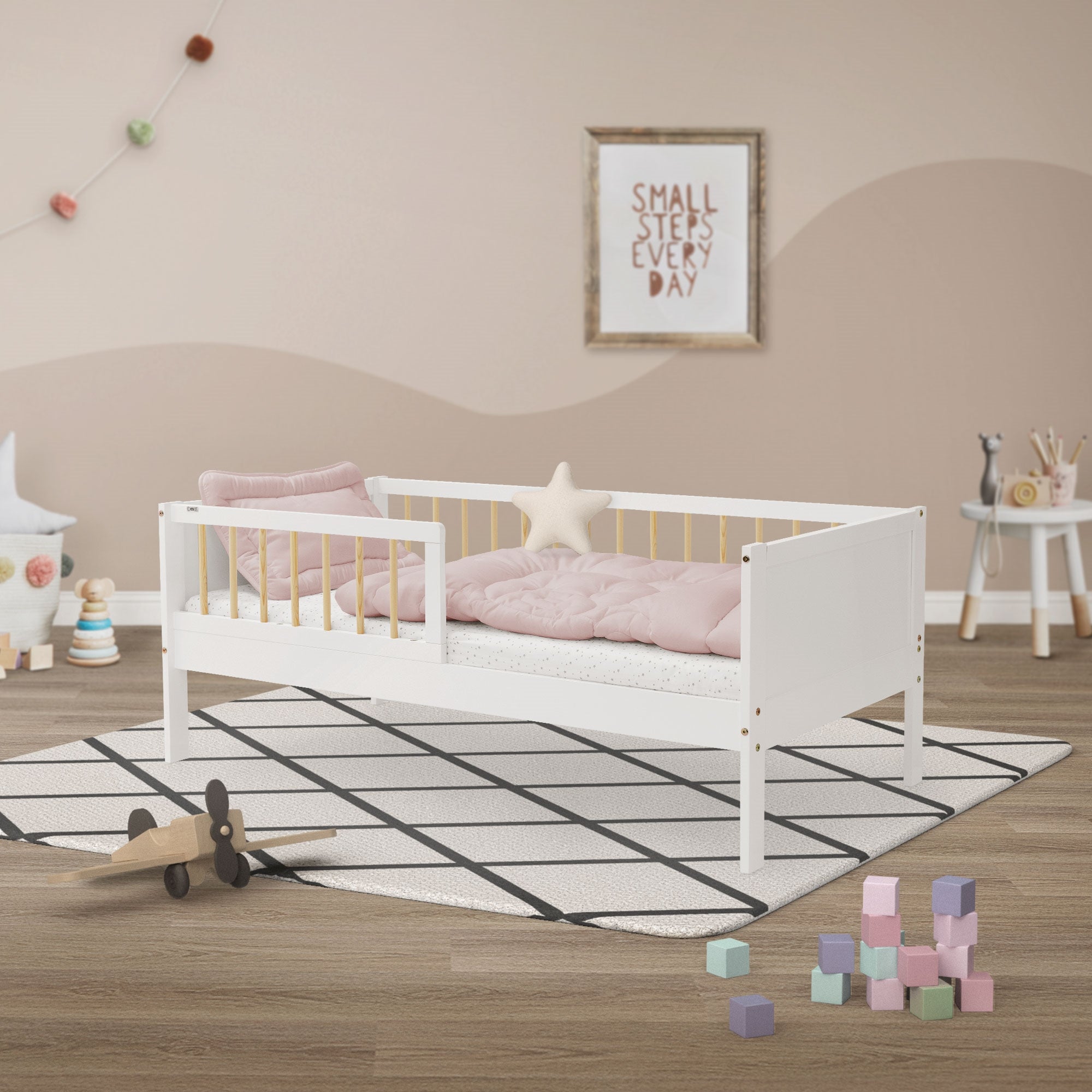 ML-Design łóżko dziecięce 70x140 cm białe-naturalne z materacem barierką ochronną i listwowym stelażem lite drewno sosnowe dla chłopców i dziewczynek