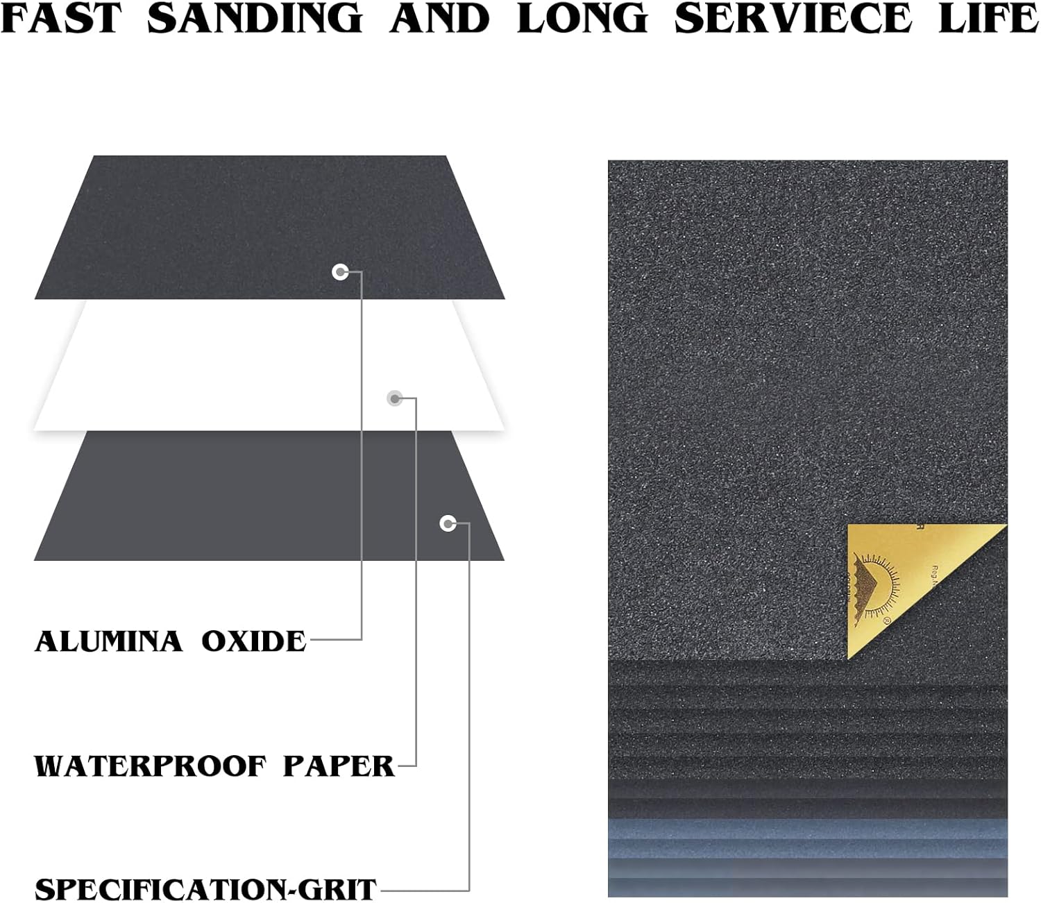 Conjunto de 10 folhas de lixa seca com grãos 1000/1500/2000/3000/5000 para madeira, 23 x 28 cm (9 x 11 polegadas), lixamento de metal e polimento auto - 4