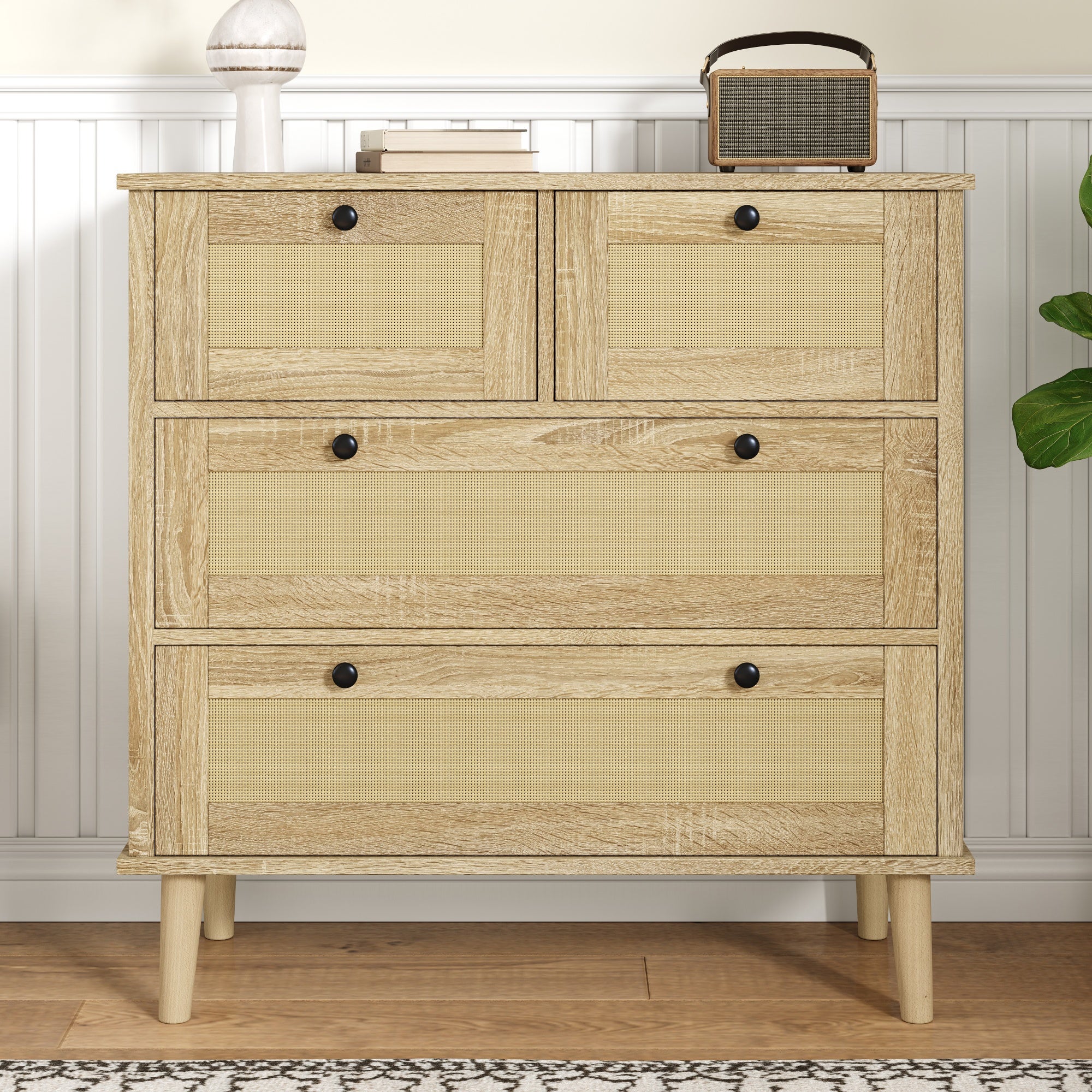 Commode avec 4 tiroirs en rotin - 80 x 40 x 80 cm - Panneaux de particules - Naturel - 3