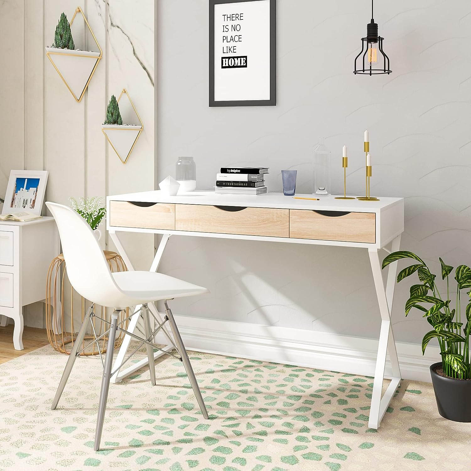 Table de bureau en bois et acier,Bureau d’ordinateur avec 3 tiroirs,Table de travail,110x50x75cm,Blanc,WOLTU - 2