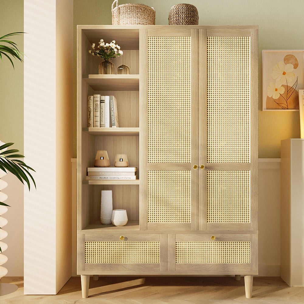 Armoire penderie 180x120x50cm, rotin, style cottage chêne, étagère, 2 ...