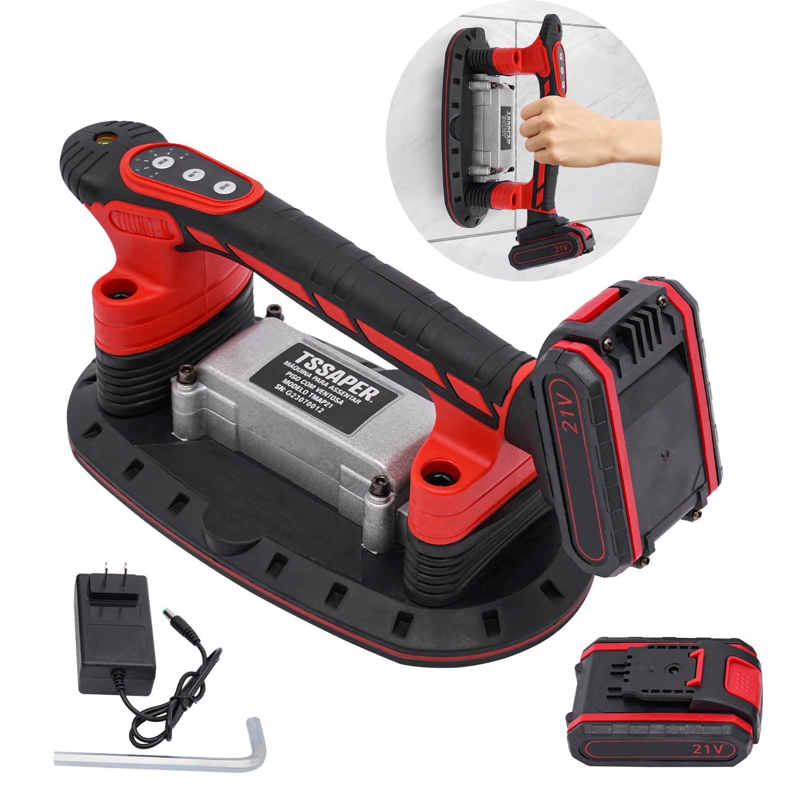 ONEVAN Piastrelle vibratore a batteria da 200 kg, dispositivo elettrico di vibrazione per piastrelle, 145 mm, ventosa a 6 marce, per piastrelle da 150 x 150 cm
