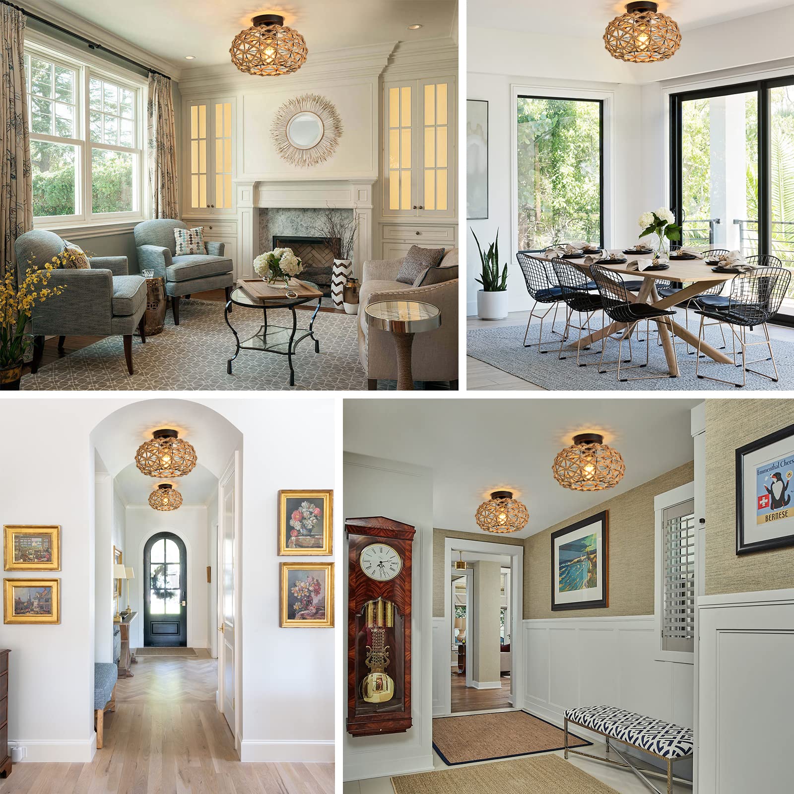 Plafonnier en rotin, lustre bohème, suspension de style industriel, lustre de plafond de style Wabi-sabi pour ferme, chambre, couloir, entrée, cuisine - 7