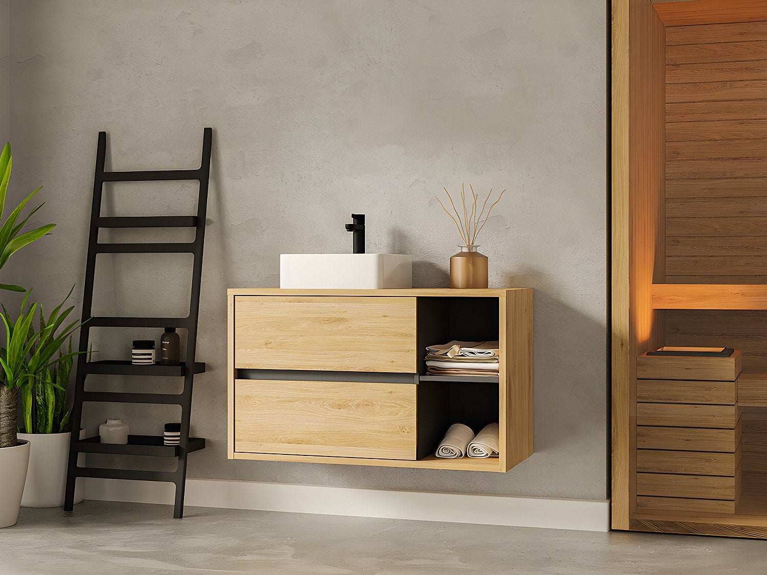 Szafka łazienkowa wisząca w kolorze naturalnym, z pojedynczą umywalką – 100 cm - PURNAL