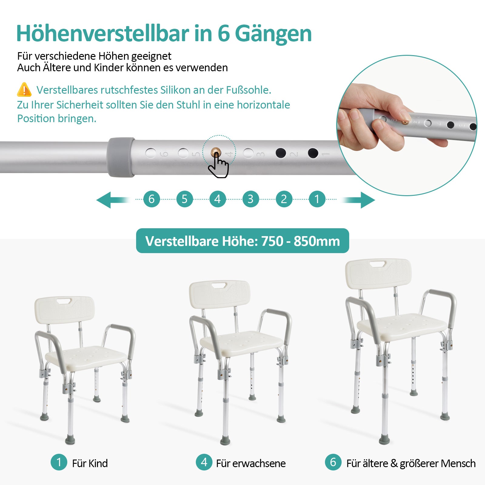 EMKE Sedia da doccia con schienale e braccioli, sedile per doccia regolabile in altezza, sgabello da doccia antiscivolo, capacità 135 kg, alluminio - 2