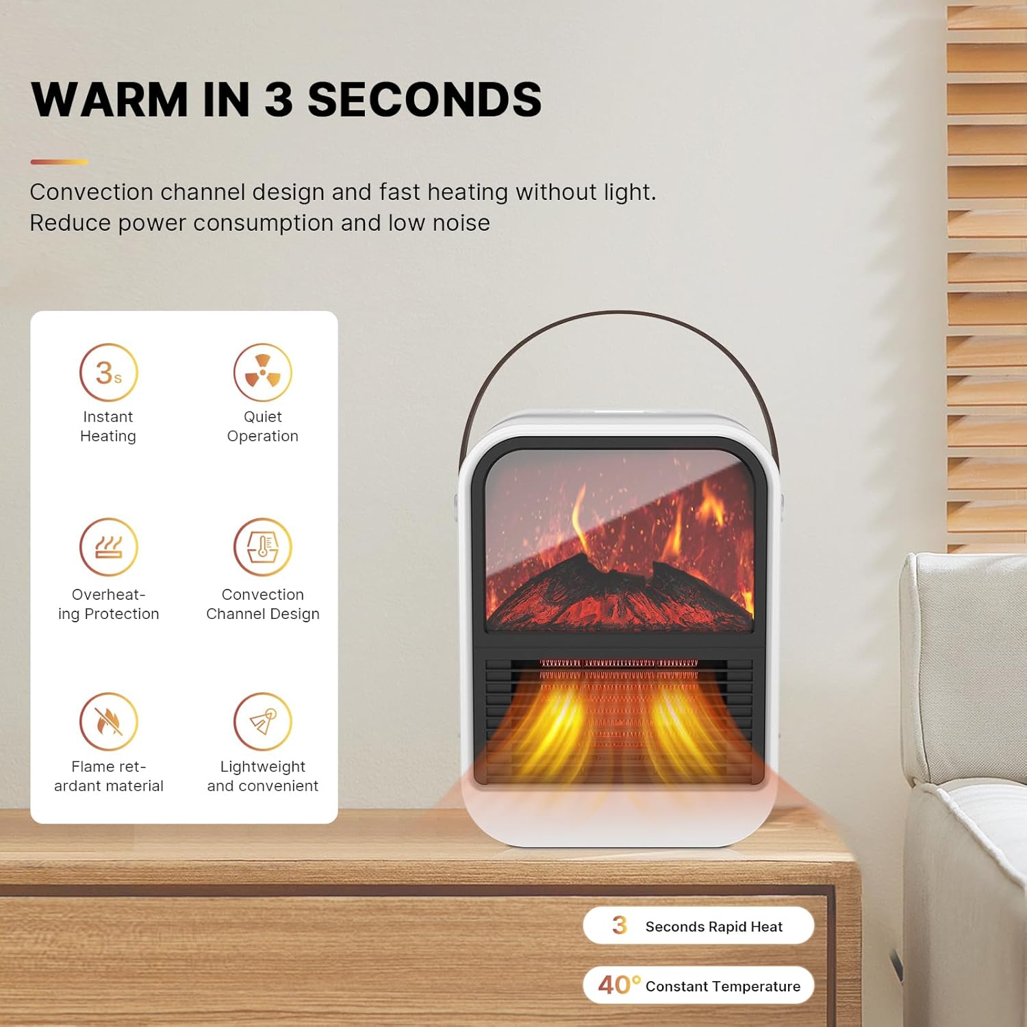 Miniaturowy energooszczędny grzejnik wentylatorowy, 1500 W efekt kominka elektrycznego, ogrzewanie pomieszczeń, [bezpieczny i cichy] - 2