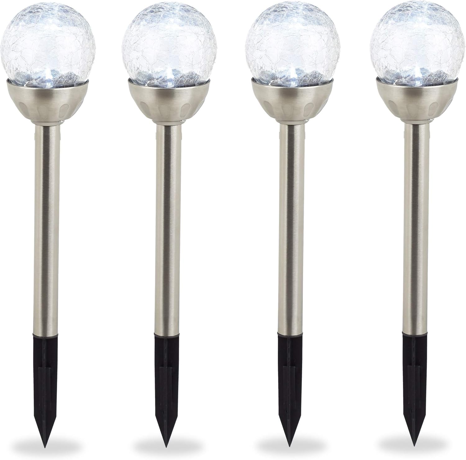 Zestaw 4 lamp ogrodowych solarnych w kształcie kryształowej kuli z efektem kredy, wodoodpornych, srebrno-białych.